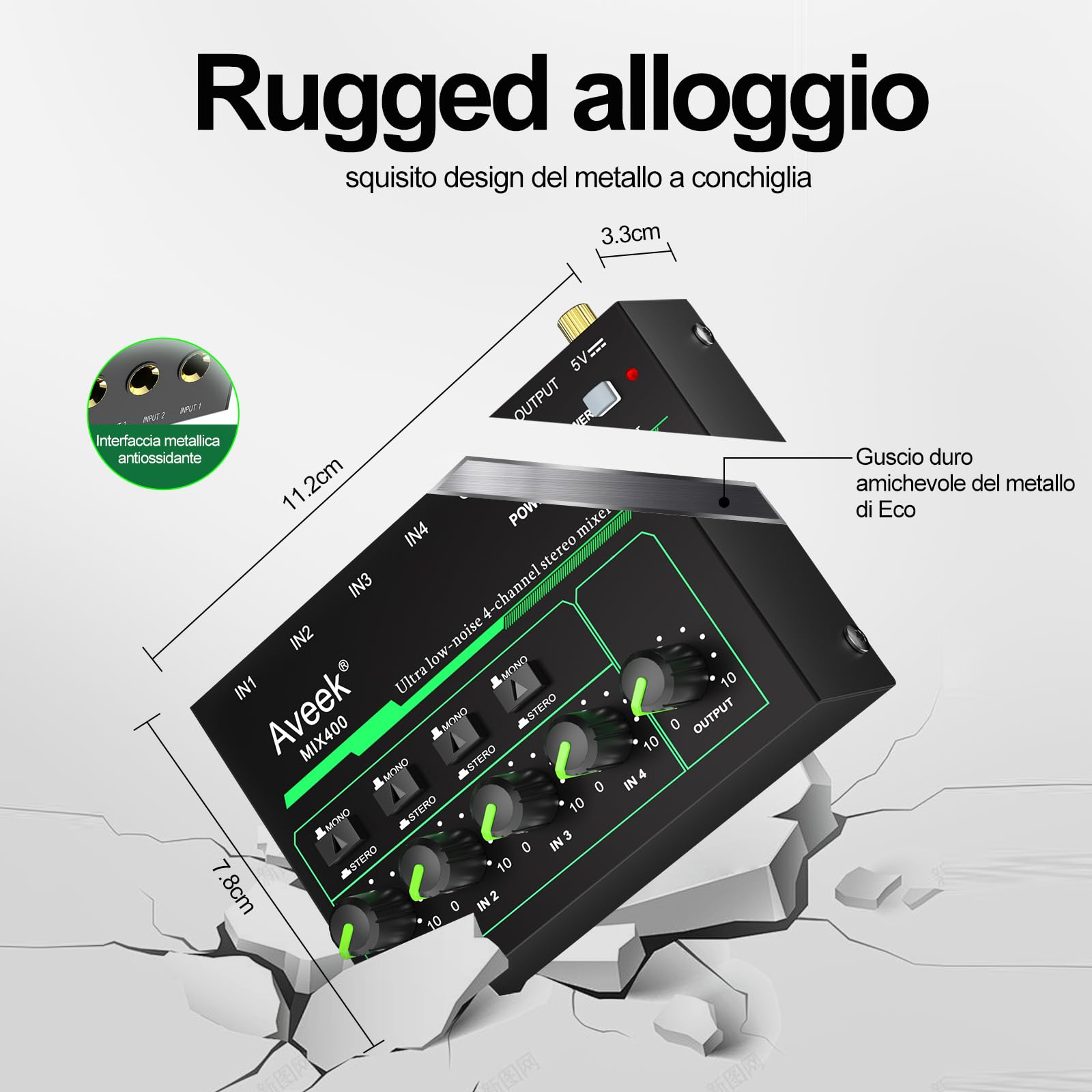 Aveek Mini Line Audio Mixer - Mixer audio piccolo a 4 canali con commutazione stereo/mono e funzionamento a basso rumore per sub-missaggio di precisione, ingresso/uscita TRS da 1/4", ideale per