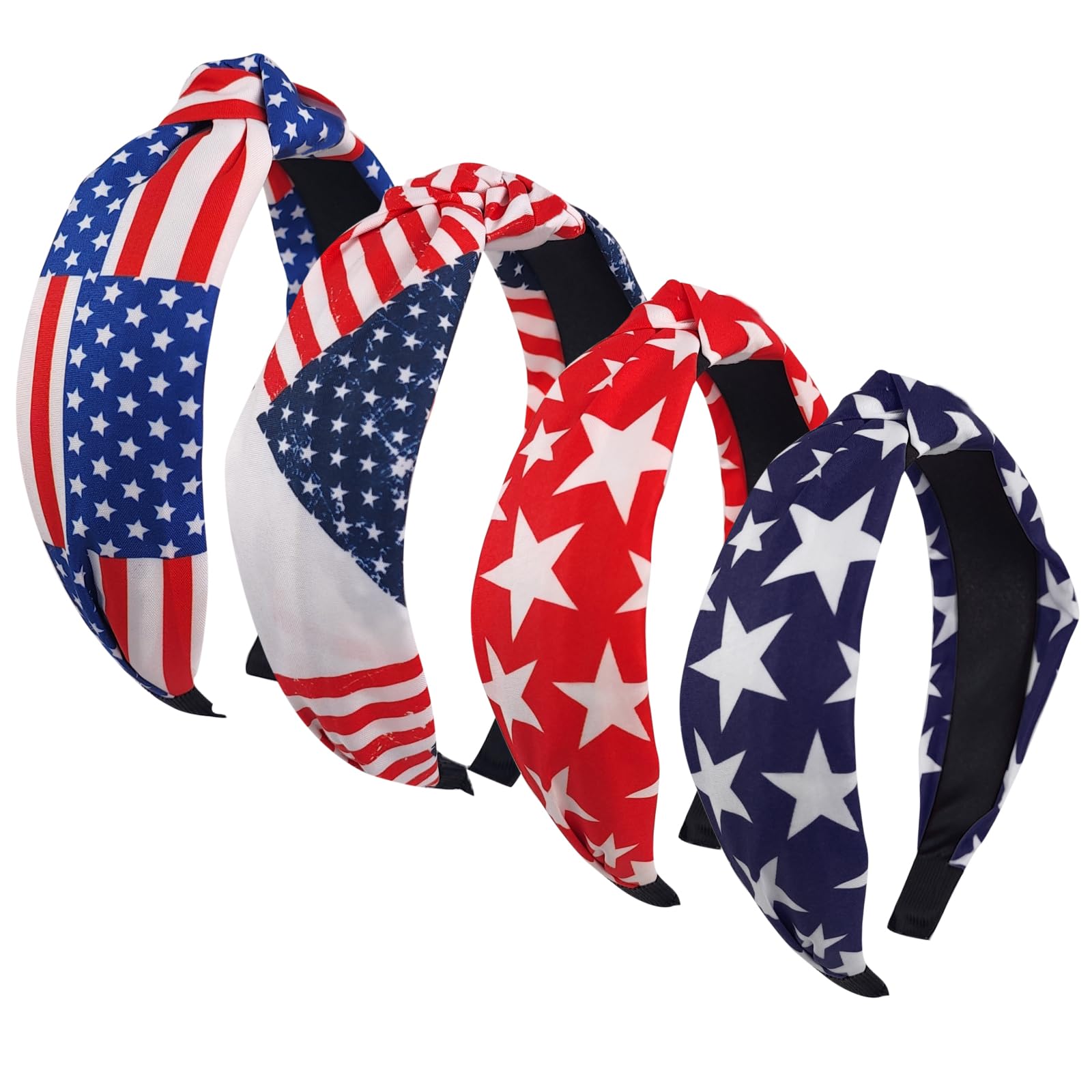 HFZRZFH 4 Pack American Flag Headbands for Women, Patriotic Hair Accessories for Girls, Red White and Blue Knotted Head Bands for 4th of July,