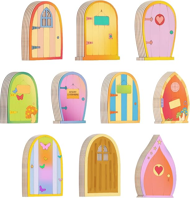 NBEADS 60 Pcs Mini Wooden Fairy Door, 10 Patterns Blank Unpainted Garden Door Pieces Hollow Wood Out Elf Door for Christmas Birthday Wedding Party Decoration