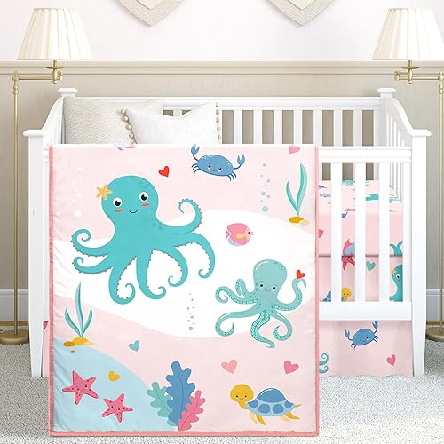 Peryiter Juego de ropa de cama de 3 piezas para cuna de pulpo pastel, diseño de niebla, color rosa, suave, sábana bajera ajustable de género neutro, disponible en Yaxa El Salvador