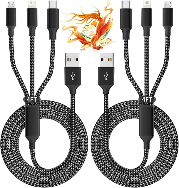 Multi Charging Cable (2Pack 4FT), 3-in-1 USB Charging Cable for Multiple Devices, Braided Universal Charger Cord with Type-C, Micro USB, IP Port for iPhone16/15/14/Android Phones and More