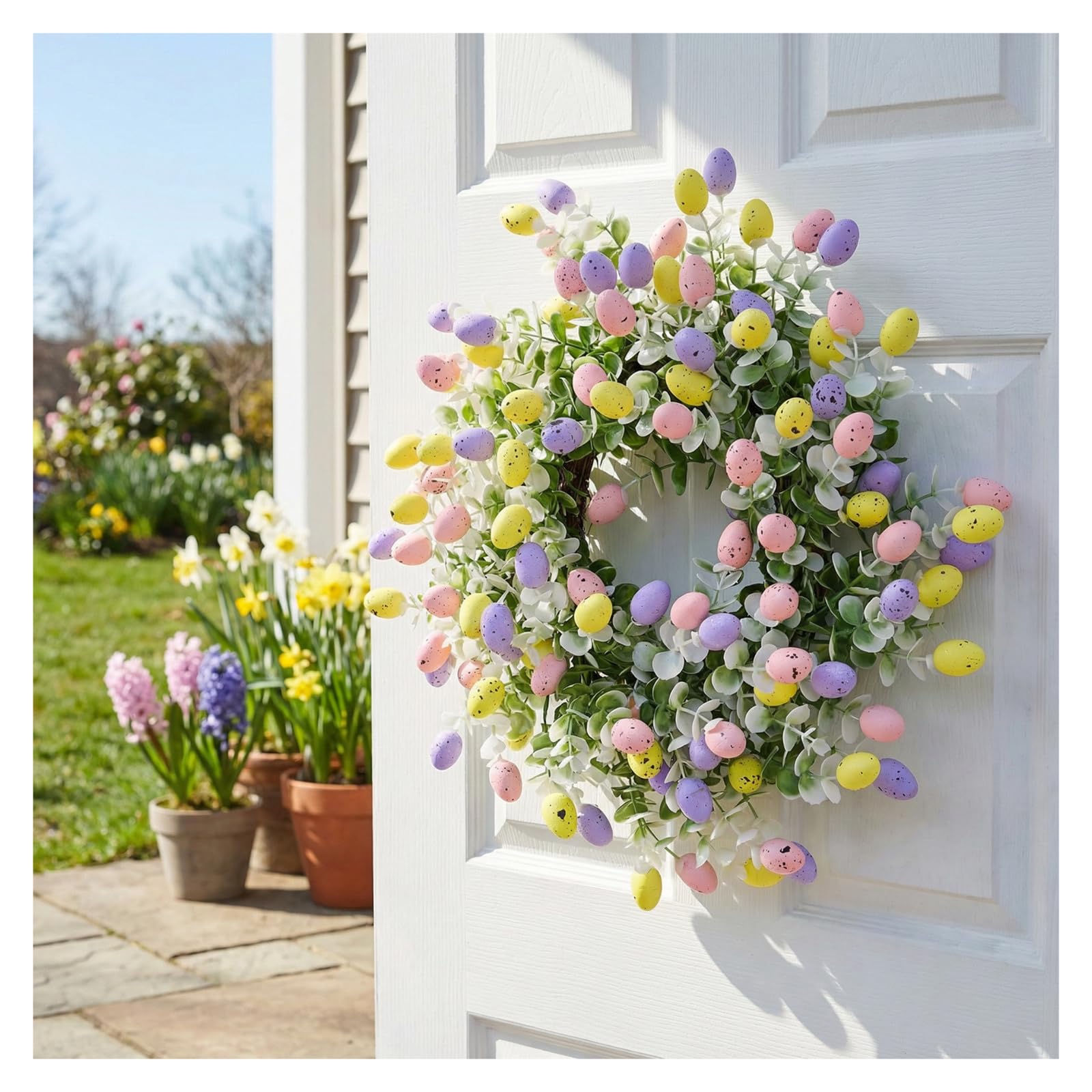 Zbello Green Artificial Easter Wreath - Colorful Egg Easter Wreaths For Front Door，Hanging Decoration，Artificial Spring Front Door Hanging Ornaments With Colorful Eggs And Mixed Branches For Home Decor