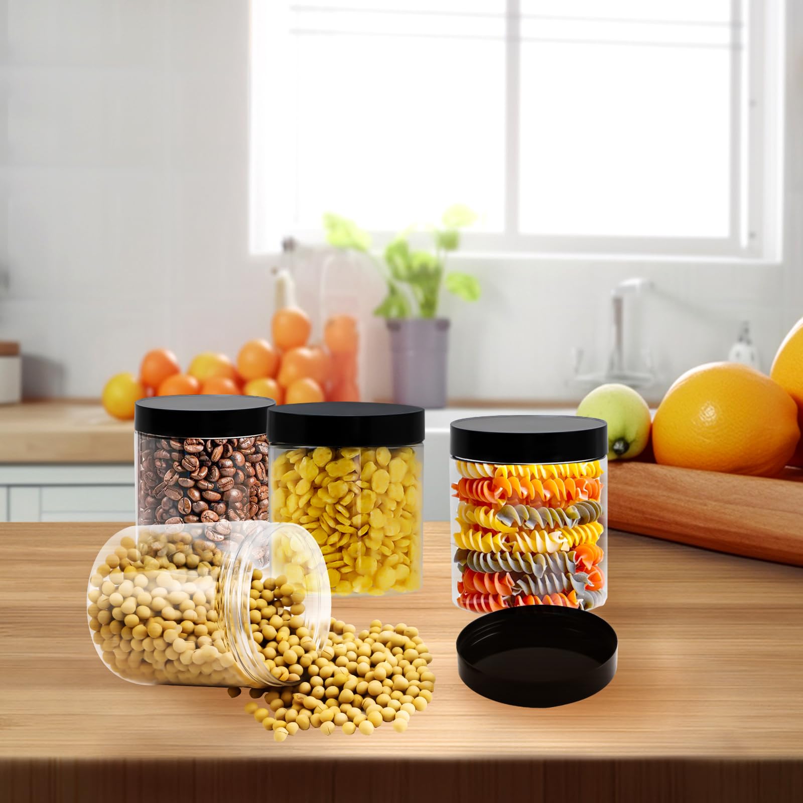 20 barattoli in plastica con coperchio nero, 500 ml, in plastica trasparente con etichette e penne, contenitori rotondi per alimenti da cucina, spezie, snack, condimenti, cereali, liquidi