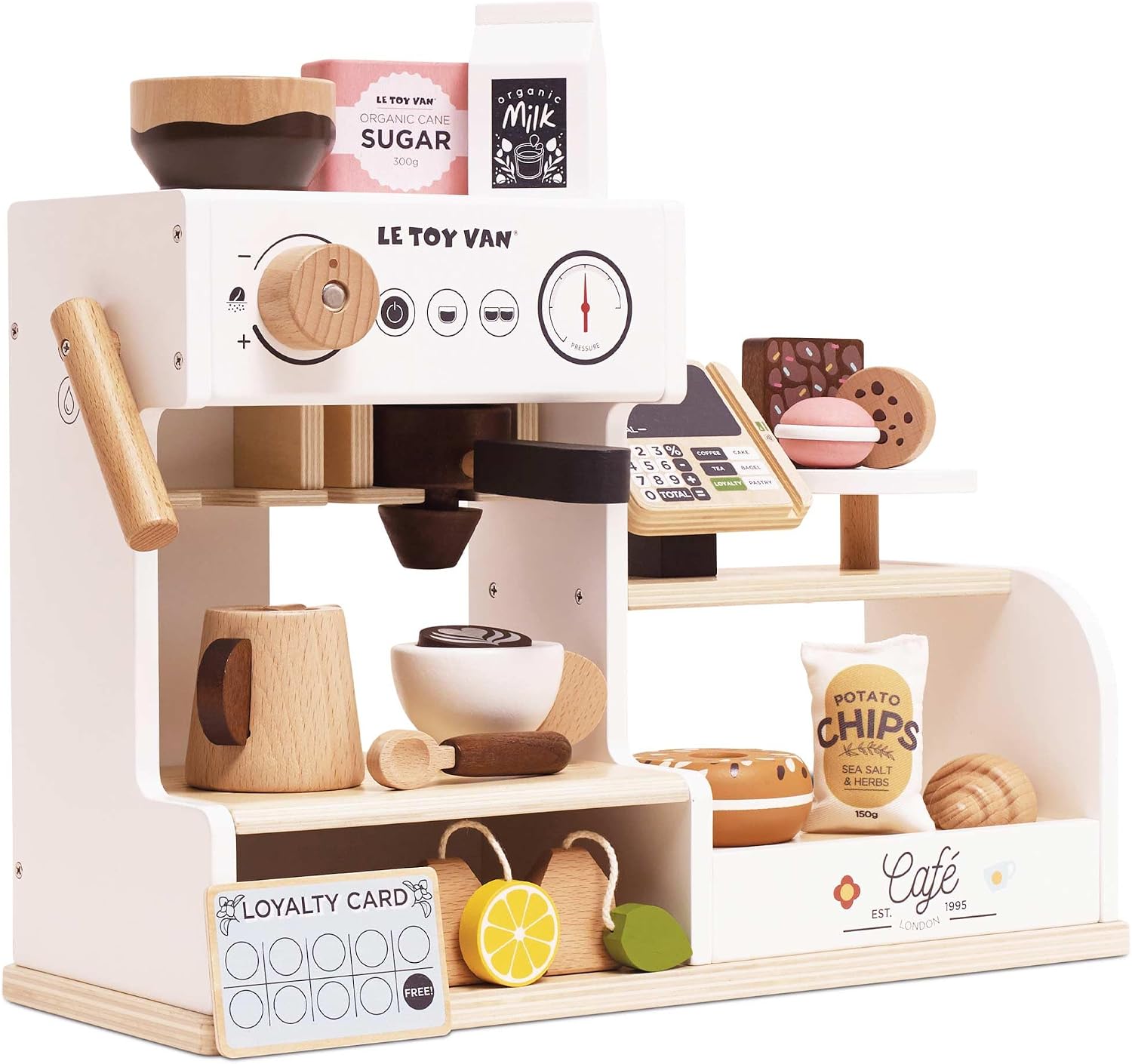 Petit Day Drewniany ekspres do kawy Barista FSC, zestaw do zabawy dla dzieci 3+, 40,7 x 15 x 31,5 cm, z akcesoriami do kawiarni, pudełkiem i smakołykami
