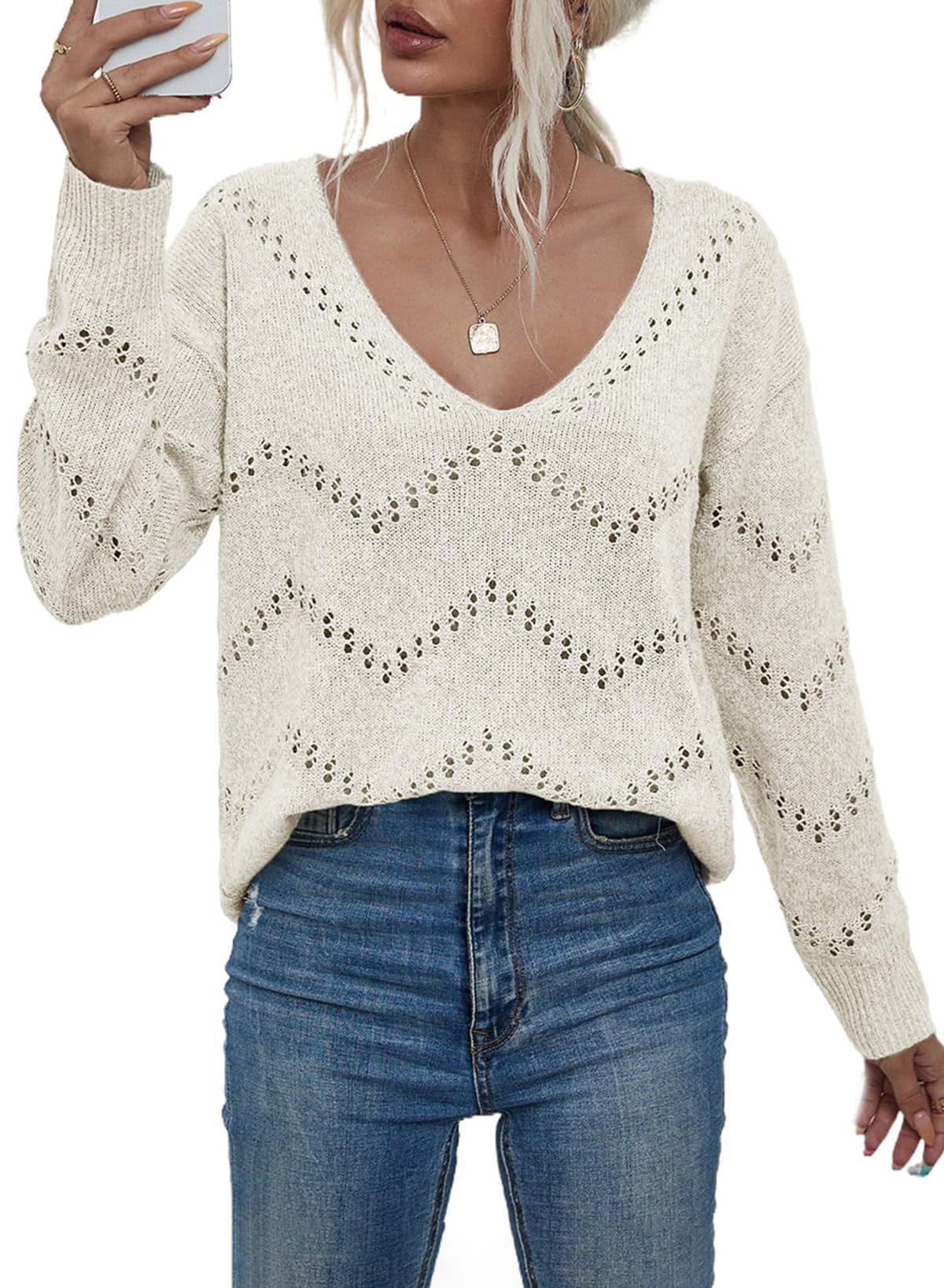 EVALESS Womens Crochet Sweater Top Hollow Out Long Sleeve Pullover Tops Fall Outfits Fashion 2025