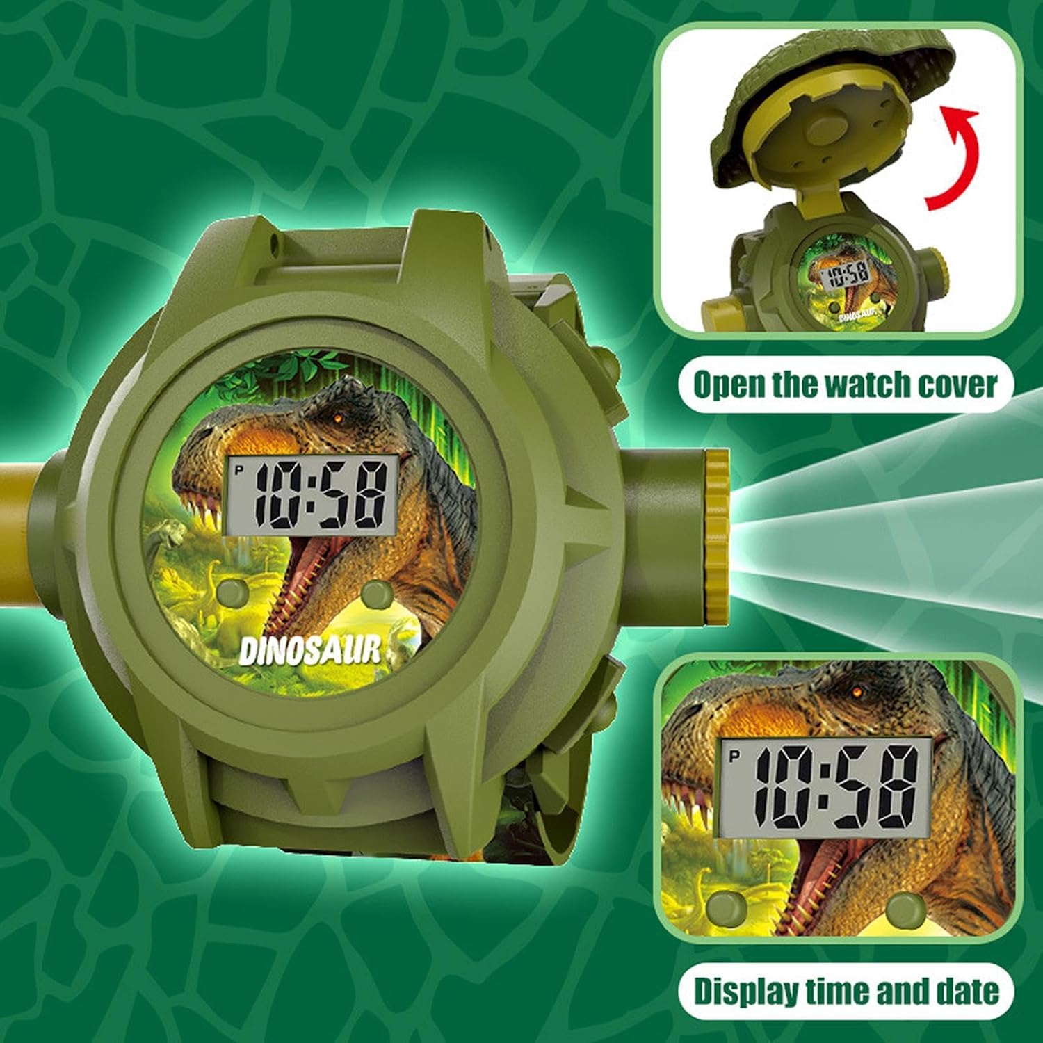 Dino Projection Watch - Adjustable Learning Timepiece, 100g Electronic Display with Light Feature, Interactive Kids Device, Educational Toy, Children Watch for Home Travel School Outdoor Play