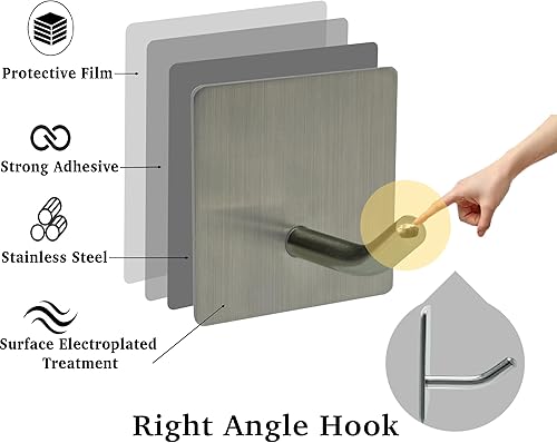 Miniatura 6 de Paquete de 4 ganchos adhesivos, ganchos de metal plateado pegajosos de acero inoxidable, sin daños, sin perforaciones, gancho de pared para puerta,