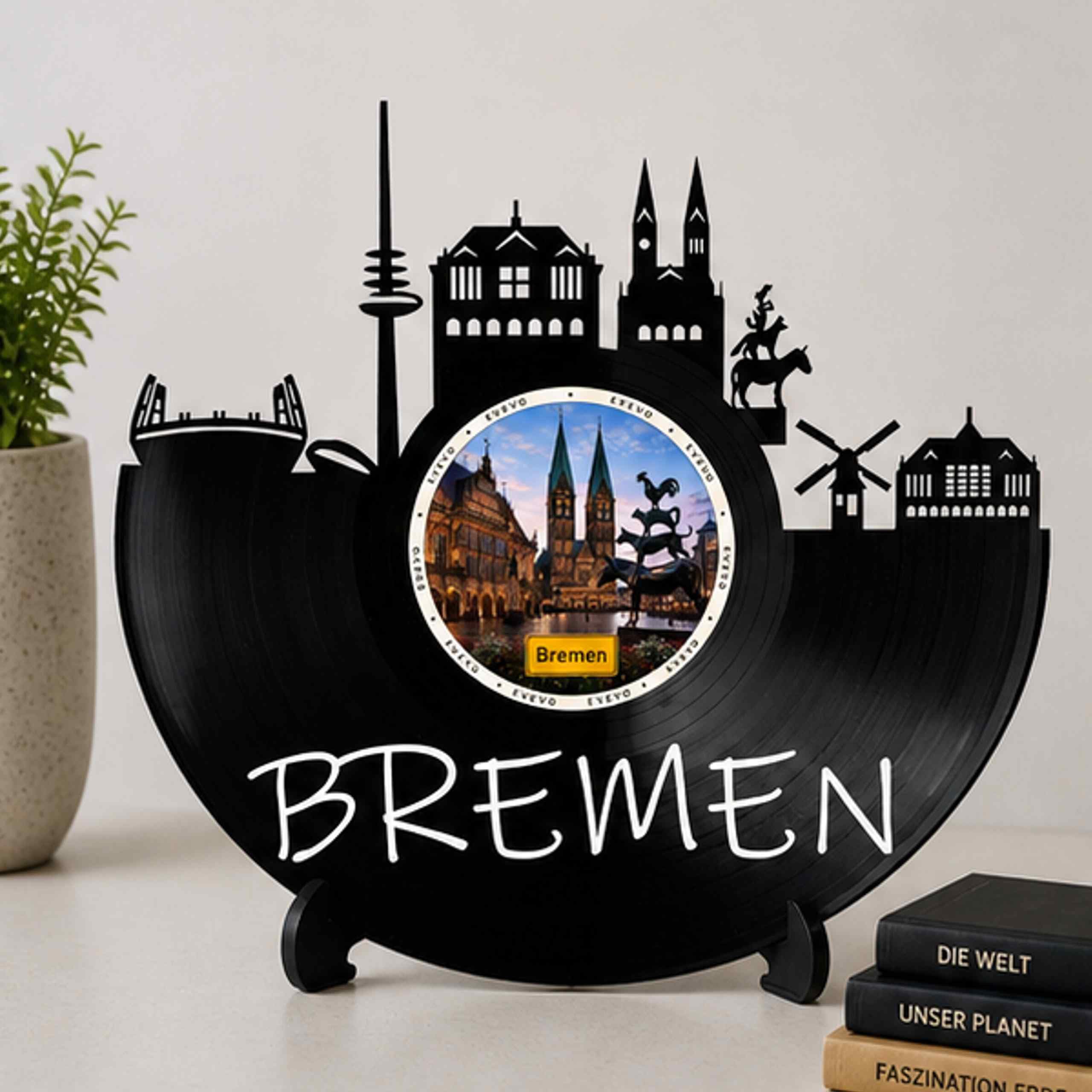 EVEVO Dekoracja ścienna z płyty gramofonowej Brema - winylowa sztuka ścienna Hanse Skyline prezent dla fanów Bremy, miłośników Roland Weser-Lasa D0051