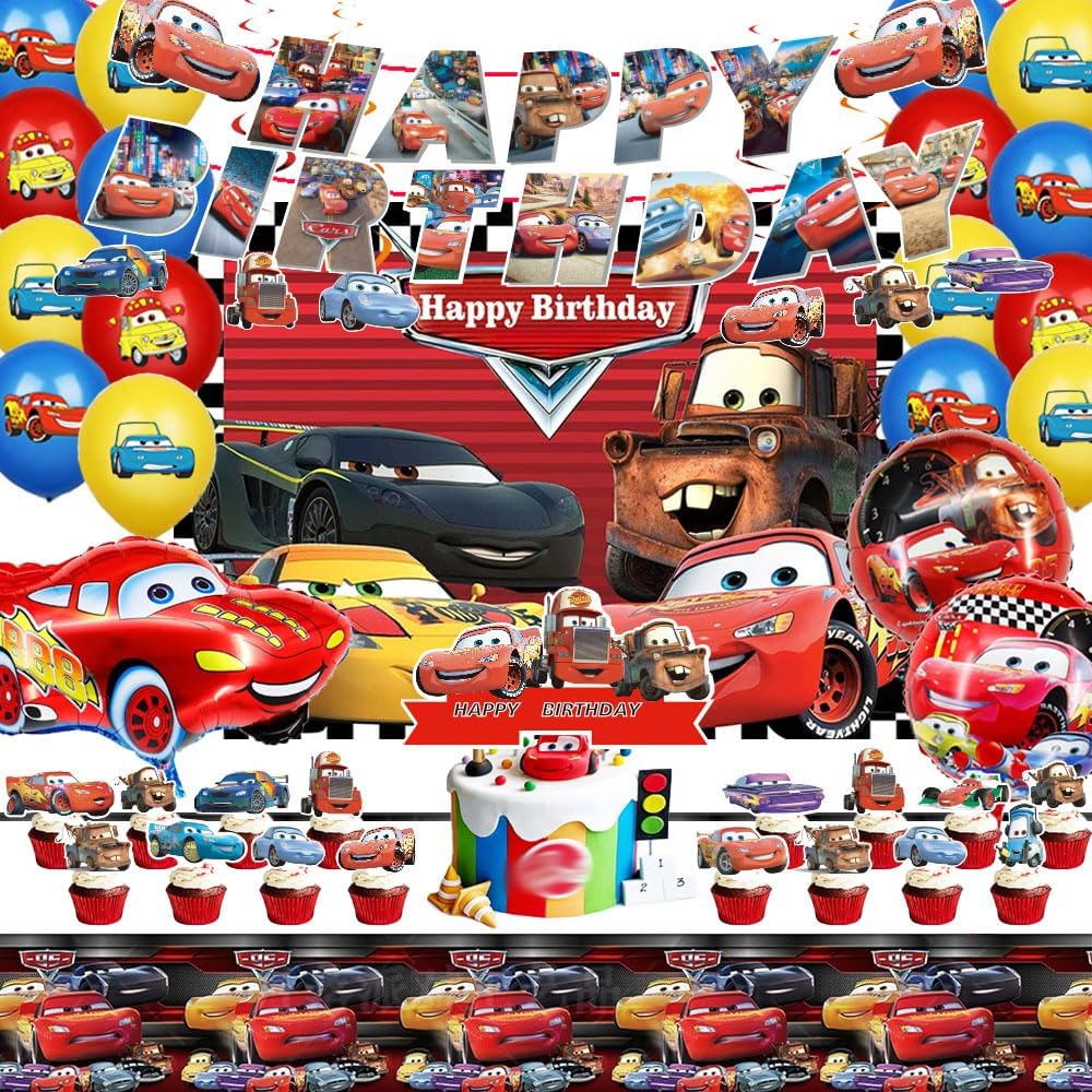 Birthday Party Decorations, Party Supplies Including Happy Birthday Banner, Tablecloth, Ballons, Backdrop, Hanging Swirls, Cake Toppers for Car Party