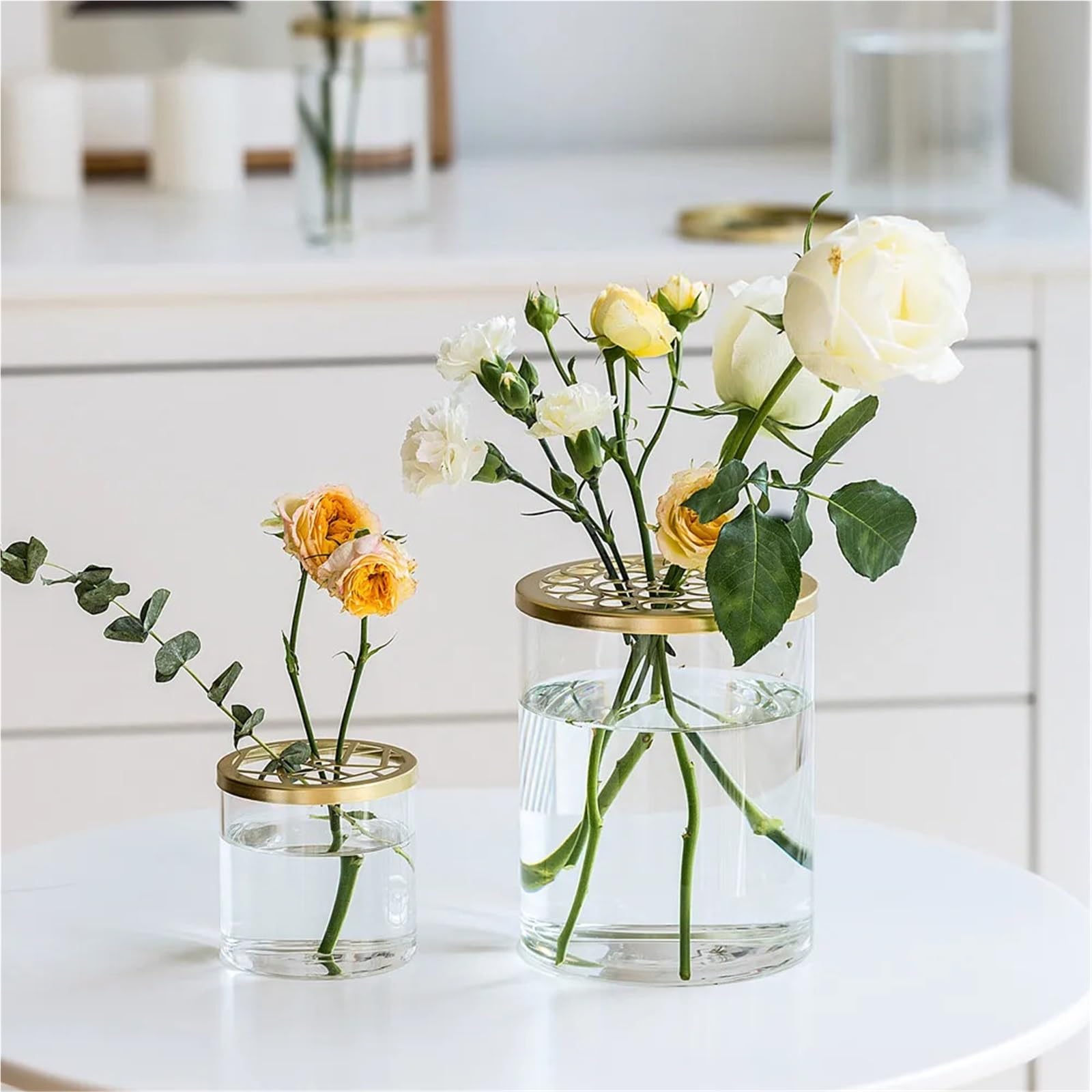 Vase Hydroponique Verre Couverture de Grille en Verre Transparent Simple, Vase Fleurs, décoration Salon, Fixation Plantes hydroponiques(12 * 15 Vase+Round Hole Cover)