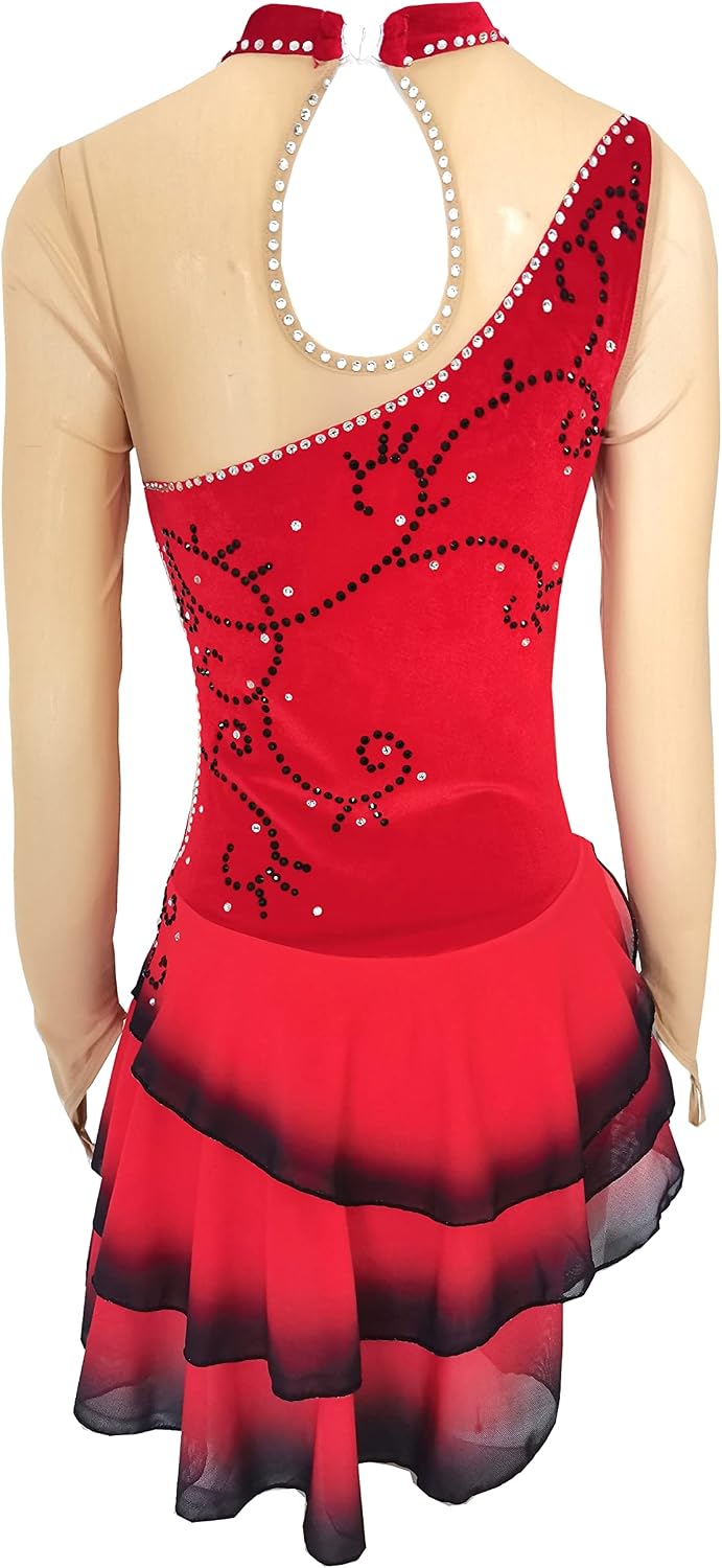 Ice Figure Skating Dress Girls Women Red Black Long Sleeve Gradient Competition Dress