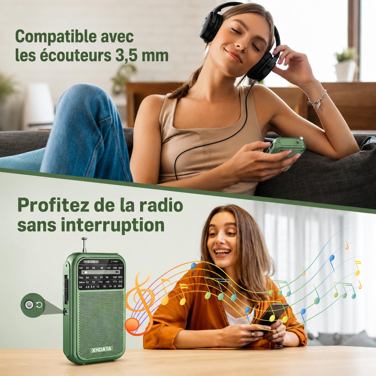 XHDATA D220 Radio Portable FM/AM/SW, Mini Radio à Piles Survie (AA) avec Réception Haute Performance, TransistorRadio pour Cadeau, Famille, Séniors(Vert)