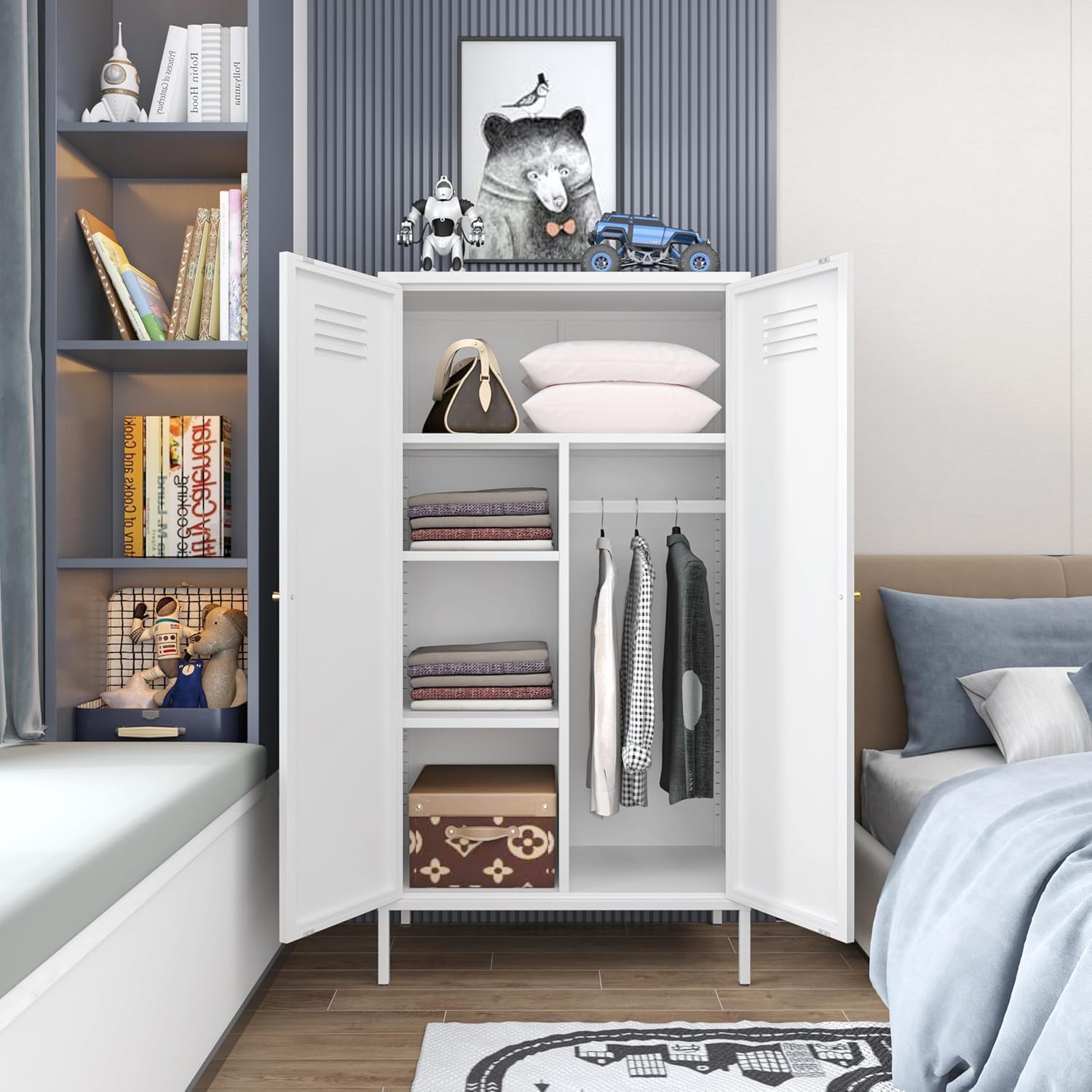 Metal Storage Cabinet,Small Storage Locker with Hanging Rod,Free Standing Cabinet with Adjustable Shelves for Home,Office,Garage（White）