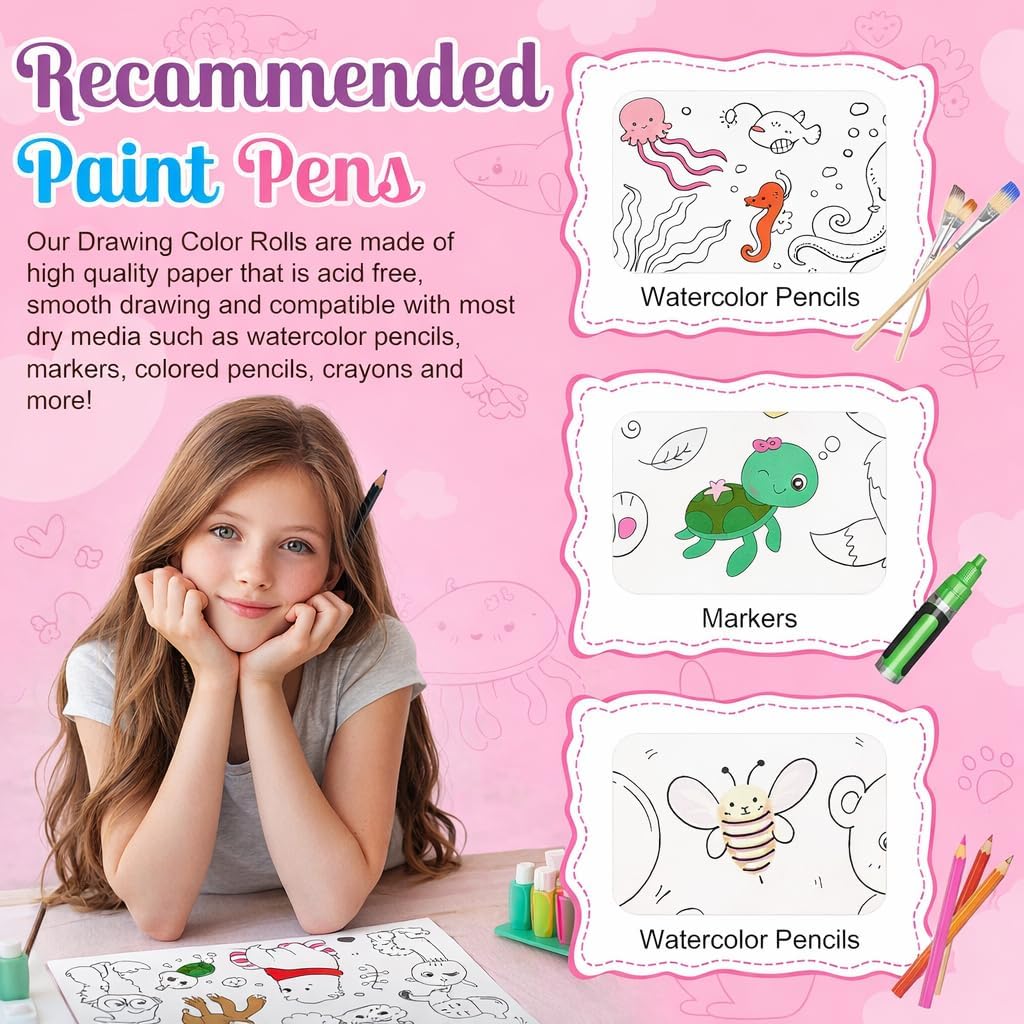 2 Pack Coloring Paper Roll for Kids, Sticky Art Roll, 11.8" x 118" | Thick ink-resistant paper, removable adhesive backing, 2 themes with 30+ designs, easy-tear perforations, giftable set