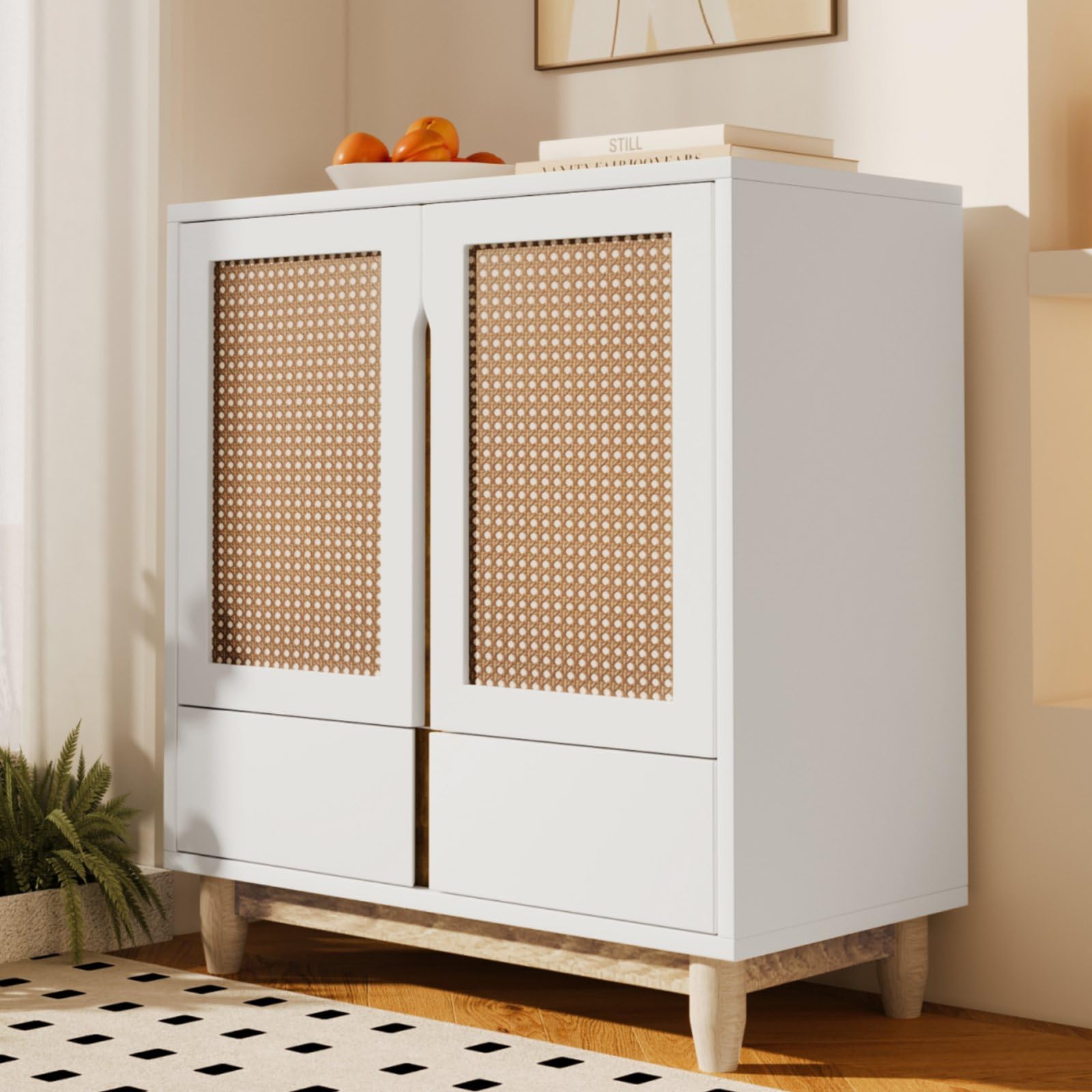 KOMHTOM Rotan Opbergkast - Sideboard Met 2 Deuren En 2 Laden Walnoot