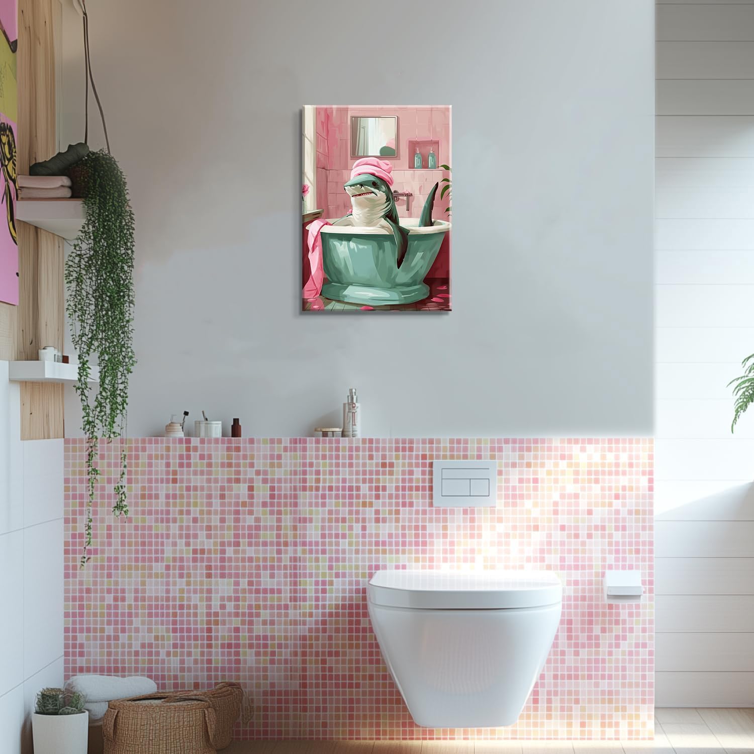 lkjhgf999 Funny Shark Bathroom Decor Canvas Wall Art Pink Bathroom Pictures Wall Decor Abstract Print Painting Home Decorations Canvas Prints Artwork for Bathroom Bedroom Living Room Office