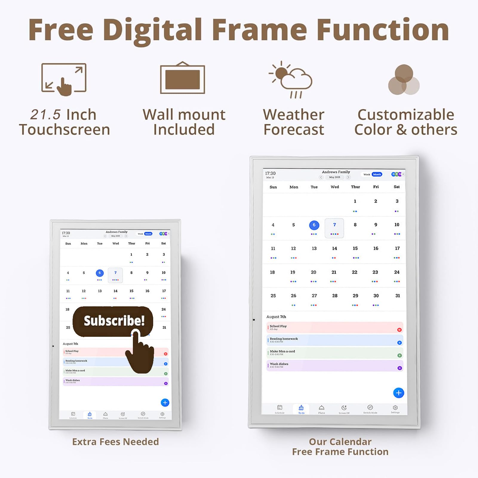 Bewinner 21,5-Zoll-Smart-Digitalkalender mit Touchscreen, Familienplaner und Aufgabentabelle, 1920 X 1080p Digitaler Bilderrahmen für Schreibtisch- oder Wandmontage, ß (EU-Stecker 100–240 V)