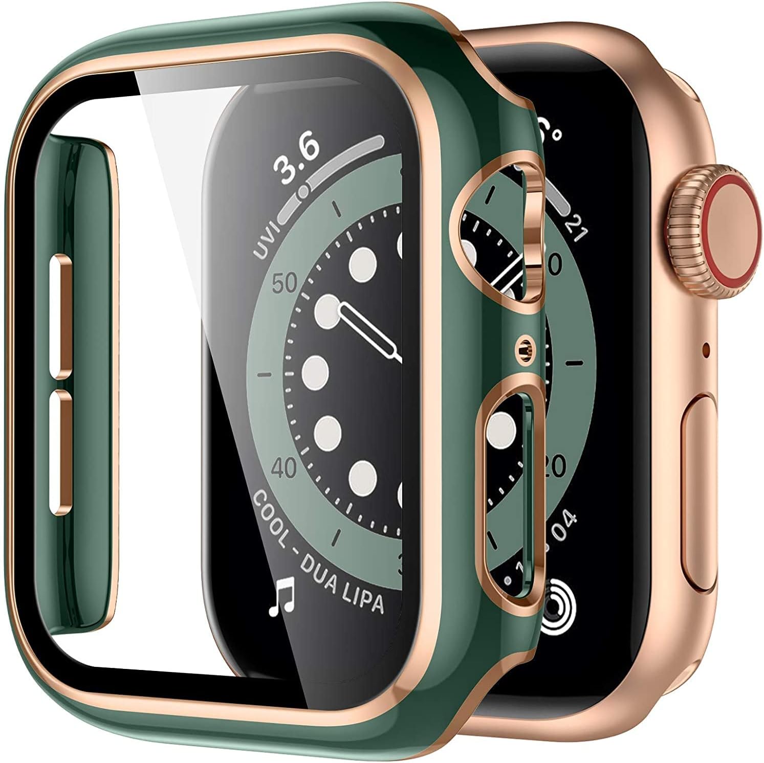 COEPMG Cover for Apple Watch Case 45mm 41mm 44mm 40mm 42mm 38mm Accessories PC Tempered Glass Screen Protector iWatch Series 7 8 5 6 SE (Color : Green Rose, Size : 44mm Series 654SE)