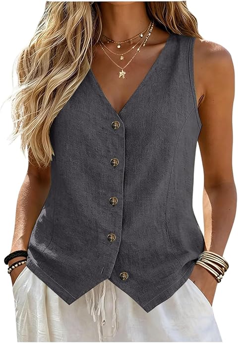Gilet da Donna Elegante in Lino Cotone Gilet Smanicato con Scollo a V e Bottoni Top Estivo per Ufficio e Vacanza Colori Solidi Abbigliamento per Occasioni Formali Casual Moda Primavera 2026 S-2XL