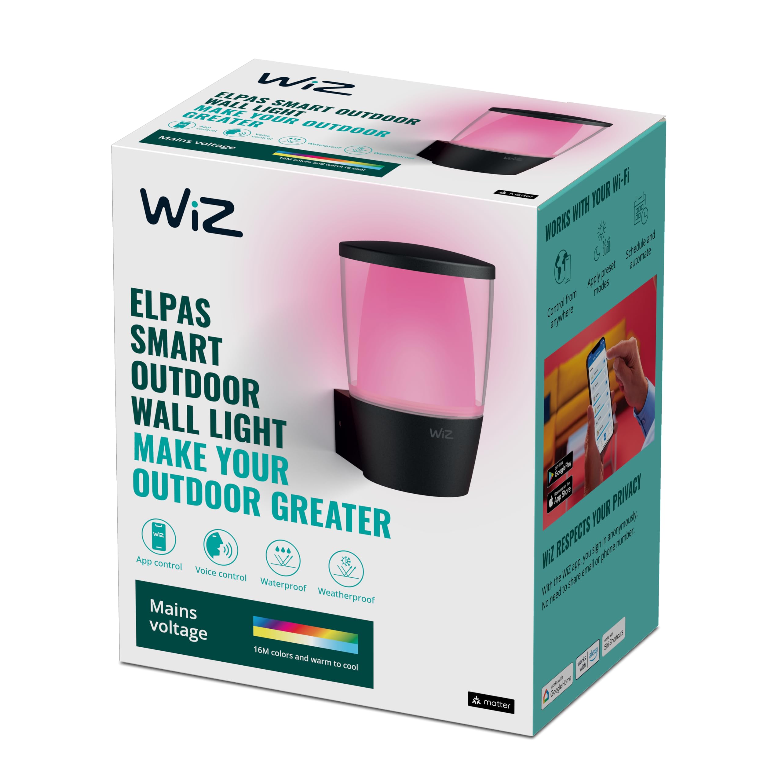 WiZ Tunable White and Color Elpas Outdoor Wandleuchte (650 lm), LED Leuchte mit 16 Mio. Farben oder warm- bis kaltweißem dimmbarem Licht, smarte Lichtsteuerung über WLAN per Stimme/App, schwarz