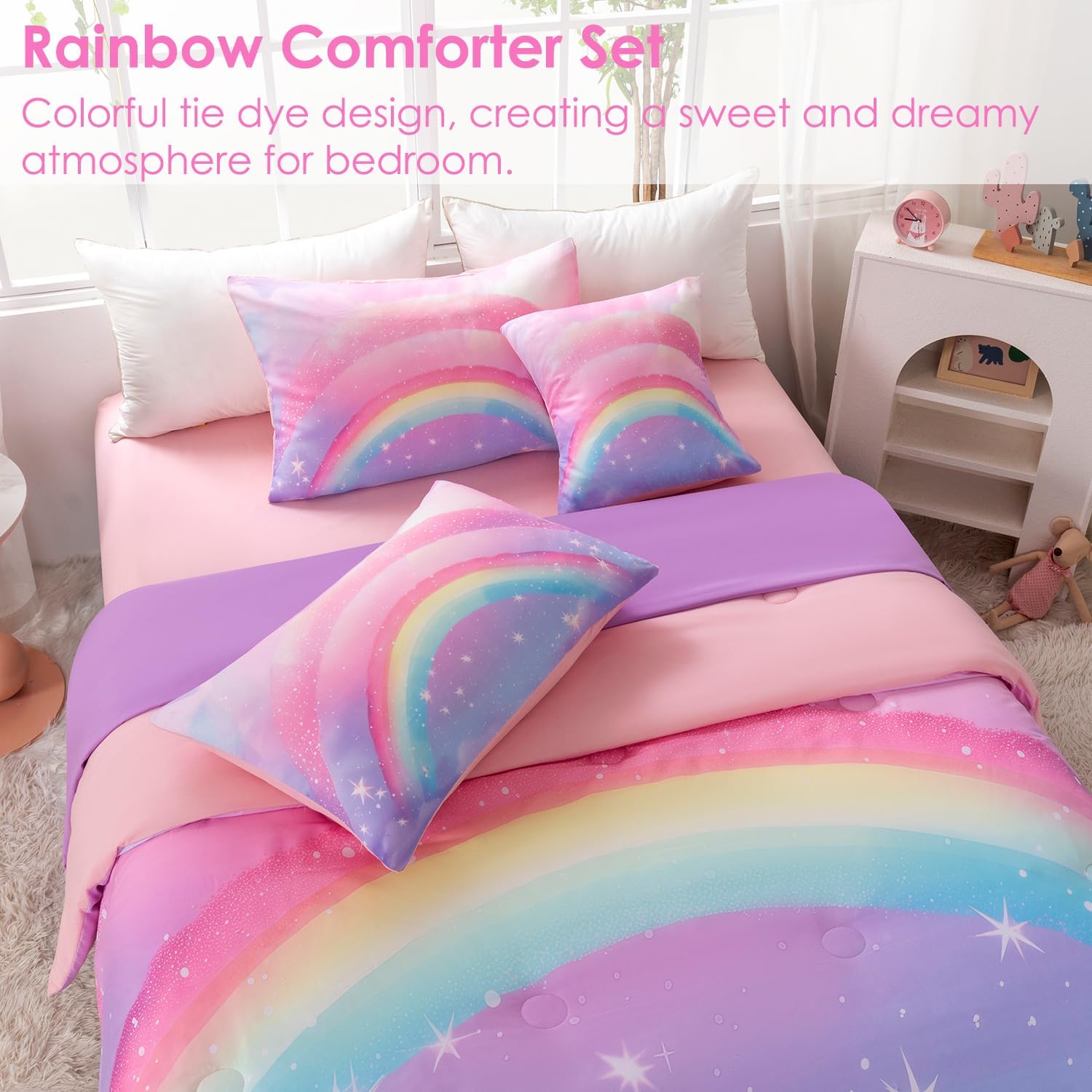 Glitter Rainbow Twin Girls Comforter Set, 6 Pieces Colorful Galaxy Tie Dye Bedding Set, Pink Purple Ombre Kids Bed in A Bag with Sheets(Glitter Rainbow, Twin)