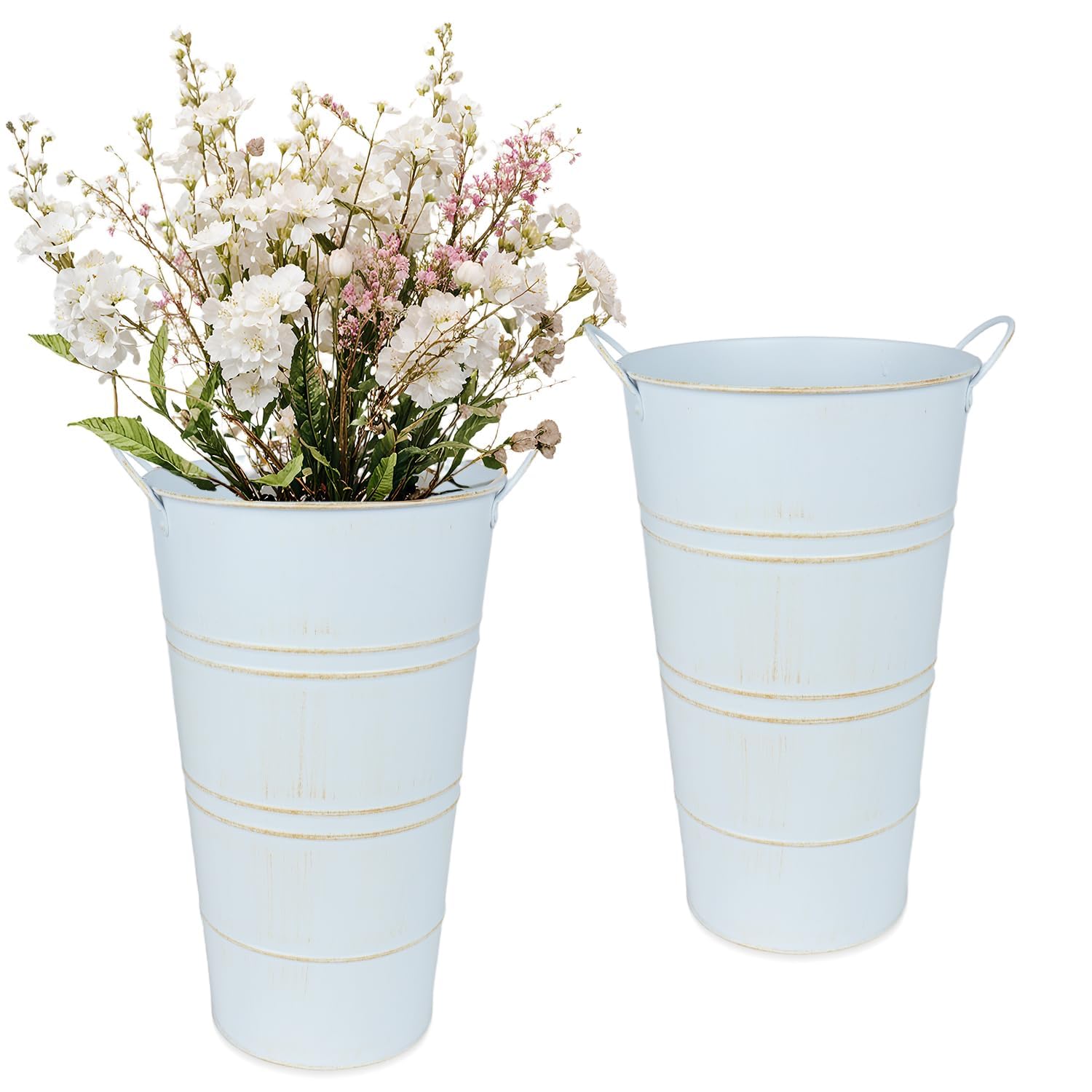 12 Inch Galvanized Metal Vases for Flowers - 2 Pcs Farmhouse Decorative Tall Flower Bucket with Handles, Rustic French Tin Planter Buckets for Wedding