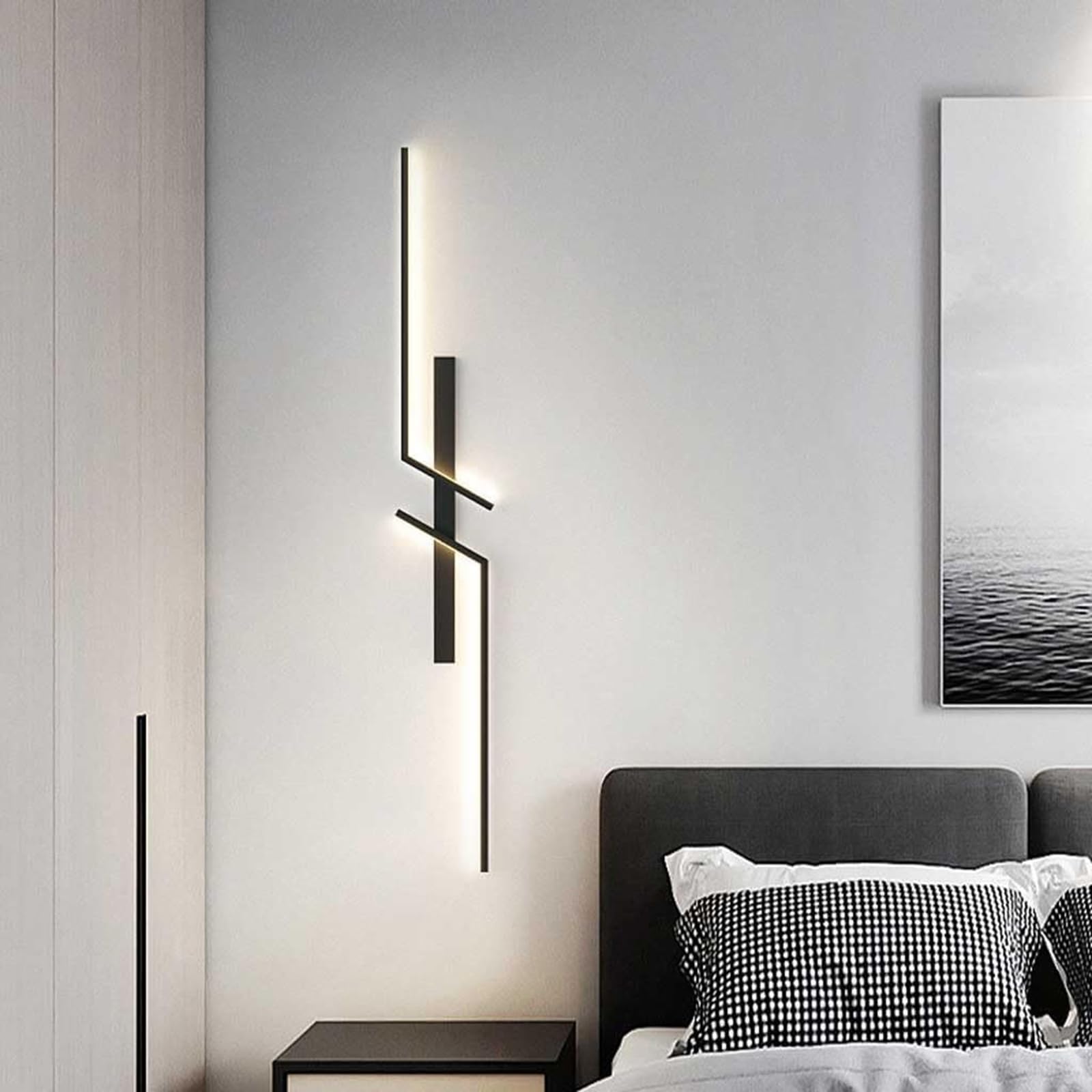 Linear LED Wall Light Nordic Modern Long Strip Wall Lamps Indoor Metal Acrylic Wall Sconce for Bedroom Bedside Living Room Hallway(100cm, 16W,Black, Cool White, Left)