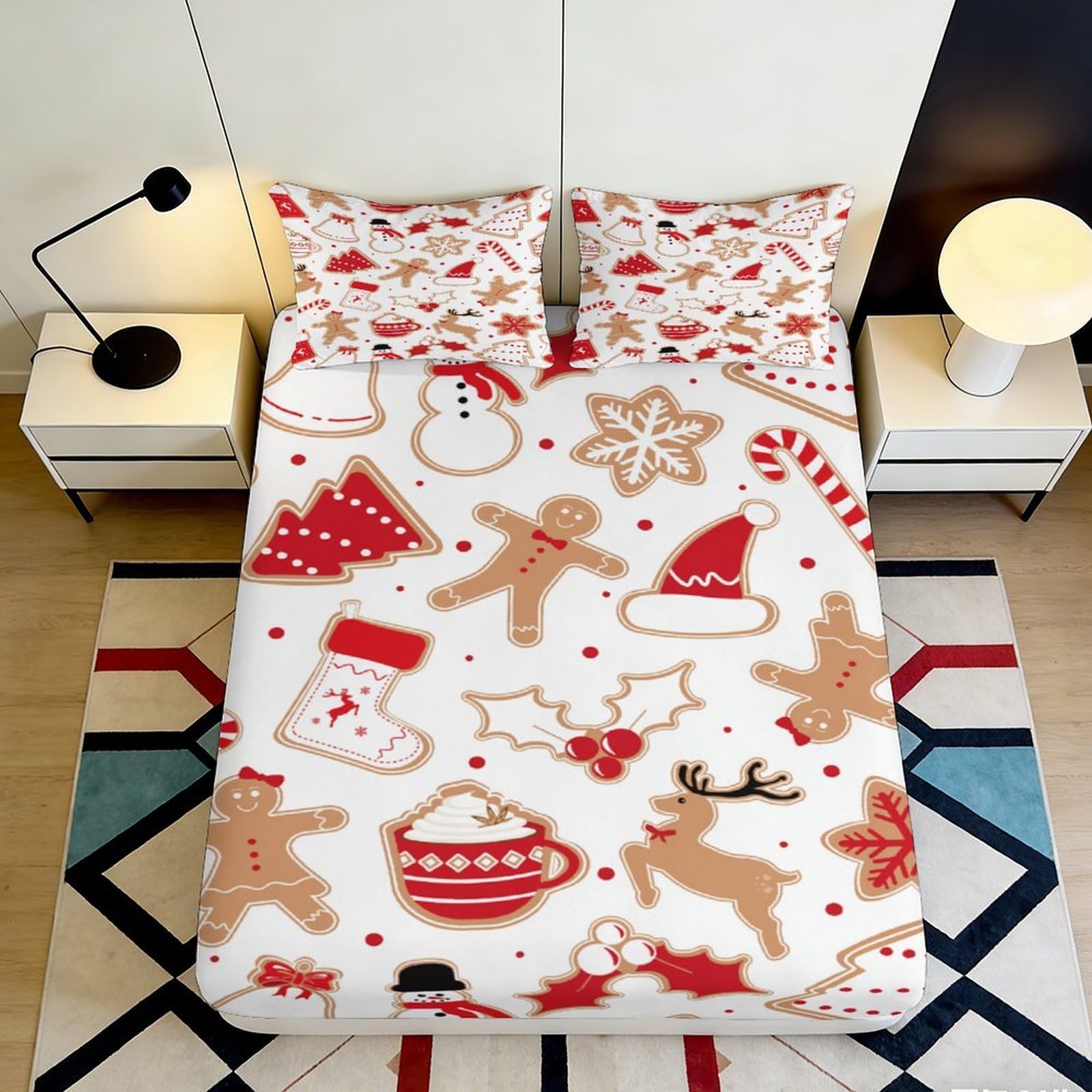 K1r3d9e5 Style-4 3D Printed Christmas Gingerbread Fitted Sheet Microfiber Soft Non-Slip Festive Reindeer Bed Cover For Bedroom Dorm Decor 90X200x25cm