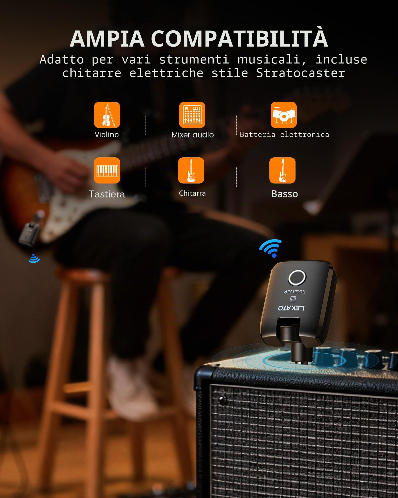 LEKATO Sistema per chitarra wireless con custodia di ricarica, ricevitore trasmettitore per chitarra con autonomia di 18 ore, jack per chitarra ricaricabile senza fili con custodia portatile per