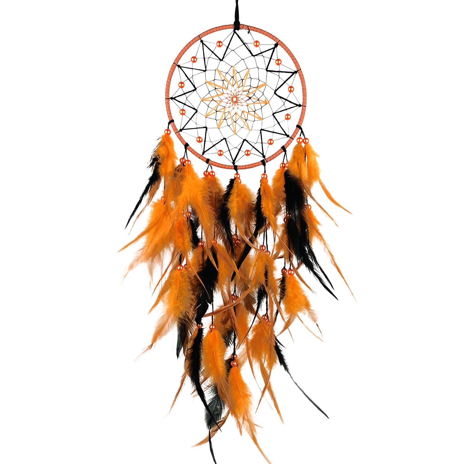 Feather Dream Catcher Handmade Plume Dreamcatcher Nursery Wall Feather Craft with Orange Pearls Room Art Ornament Craft Home Decoration