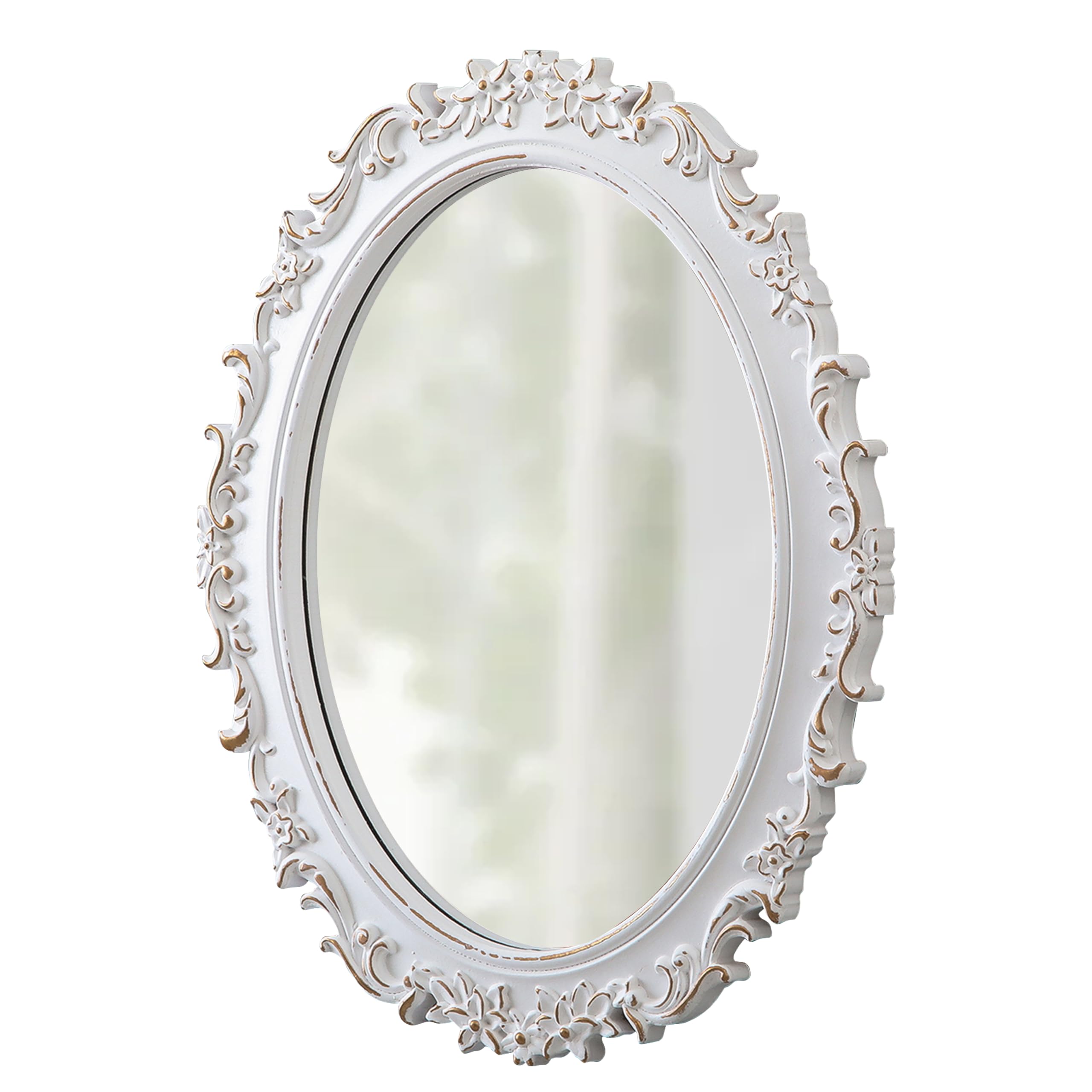 Espejo vintage ovalado de madera de 54 x 41 cm, espejo de pared decorativo barroco blanco, espejo colgante rústico para decoración de pared, horizontal o vertical