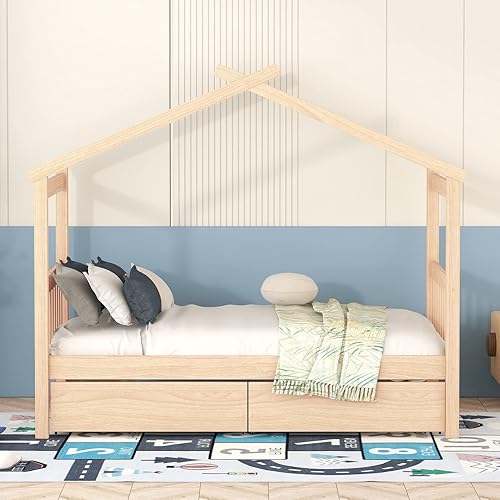 Miniatura 205 de Merax Cama de madera de tamaño matrimonial con nido, marco de cama de madera con techo para niños, adolescentes, niños o niñas, color blanco