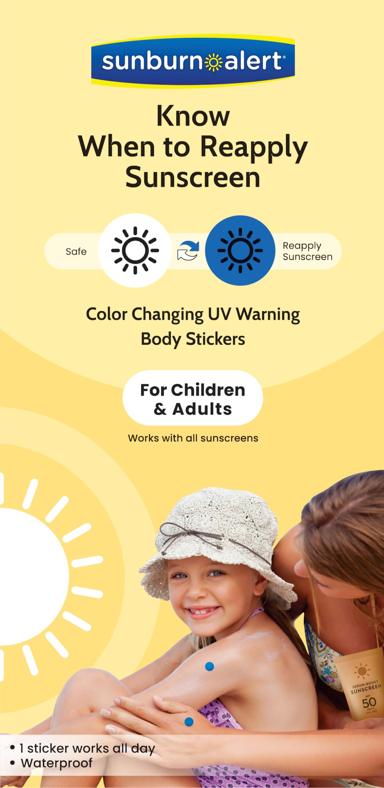 Sunburn Alert UV Detection Body Stickers - Know when to reapply sunscreen/Patented & Made in USA