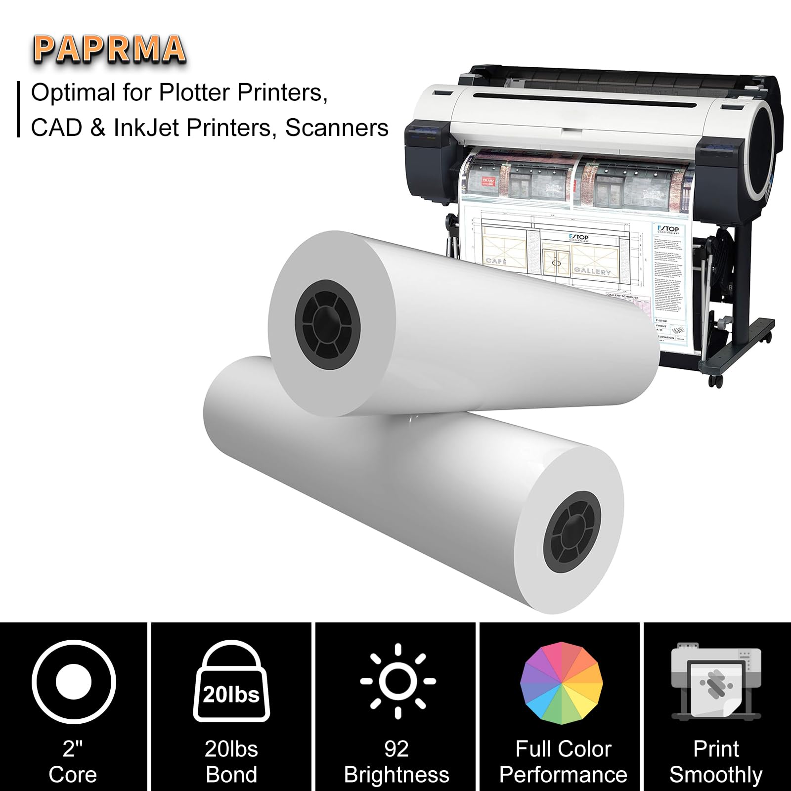 Lot de 2 rouleaux de papier de traceur CAO blanc de 61 cm x 45,7 m de large