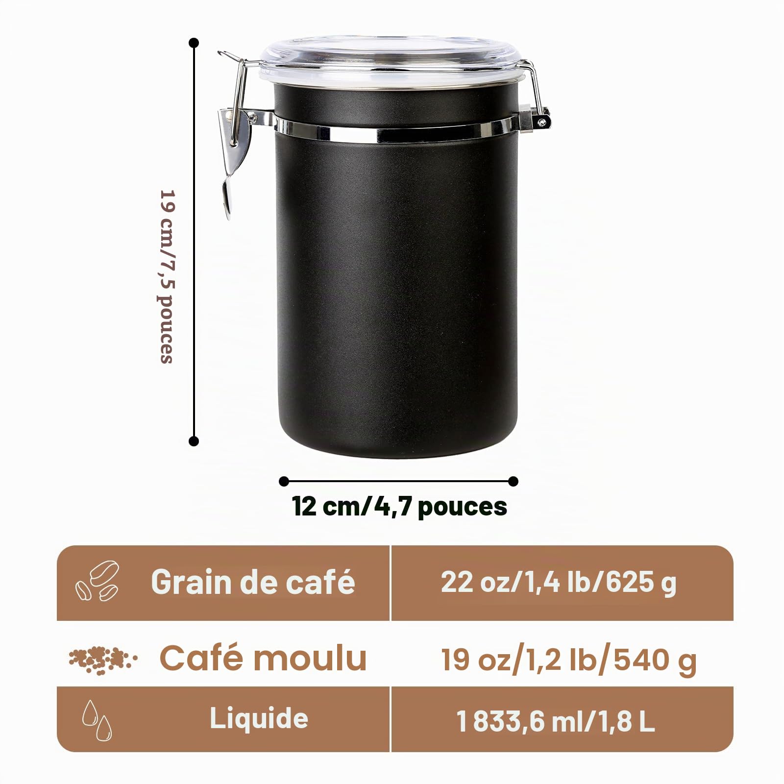 Walktosun Boîte à Café Hermétique, Conservation en Acier Inoxydable pour Grains de Café avec Couvercle Transparent Bocal Récipient Rangement Cuisine Alimentaires Stockage Thé (Lot de 2-1.8L - Noir)