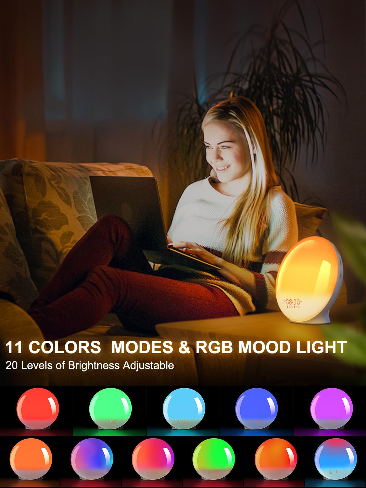 Wake Up Light Despertador Luz Simulación Amanecer Atardecer APP Control 11 Colores 20 Brillo 7 Sonidos Radio FM 4 Alarmas Snooze