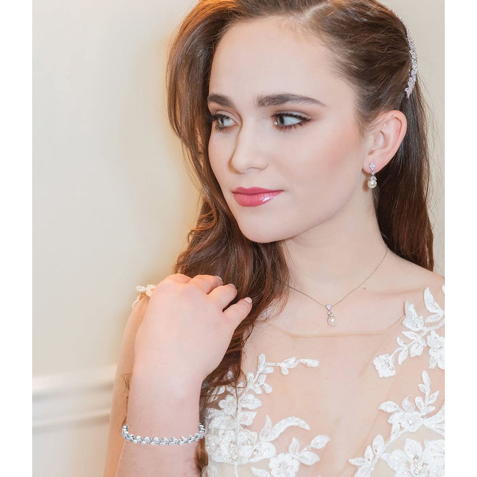 Parure di gioielli in argento 925 da donna, per matrimonio, composta di perle, orecchini, collana e bracciale, set di gioielli da sposa con zirconi scintillanti 5A in argento 925, ottimo regalo per sposa o damigella d'onore