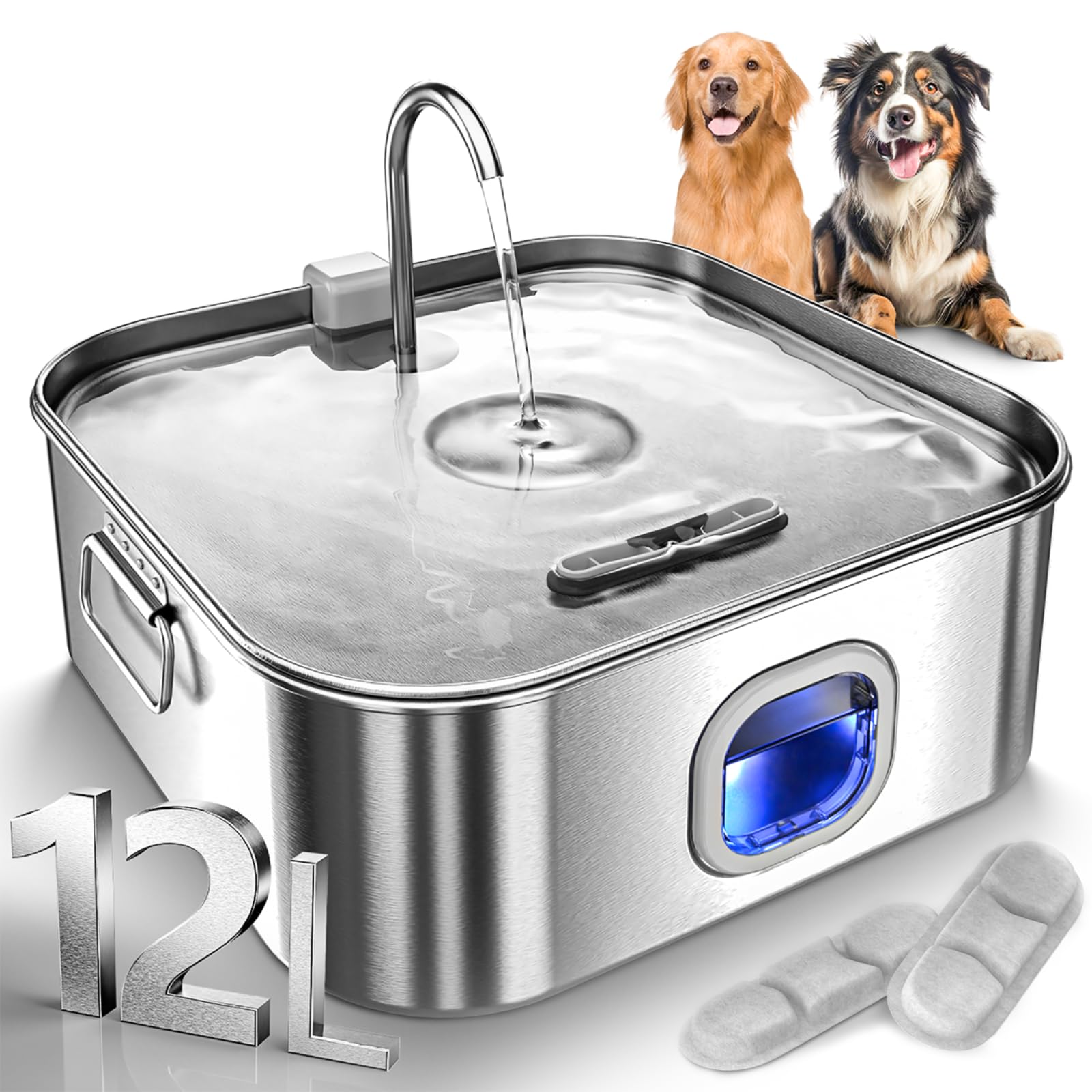 Dog Water Fountain Stainless Steel, 410oz/3.2Gal/12L Large Pet Water Fountain for Large Dog, Dog Water Bowl Dispenser with Water Level Window & LED