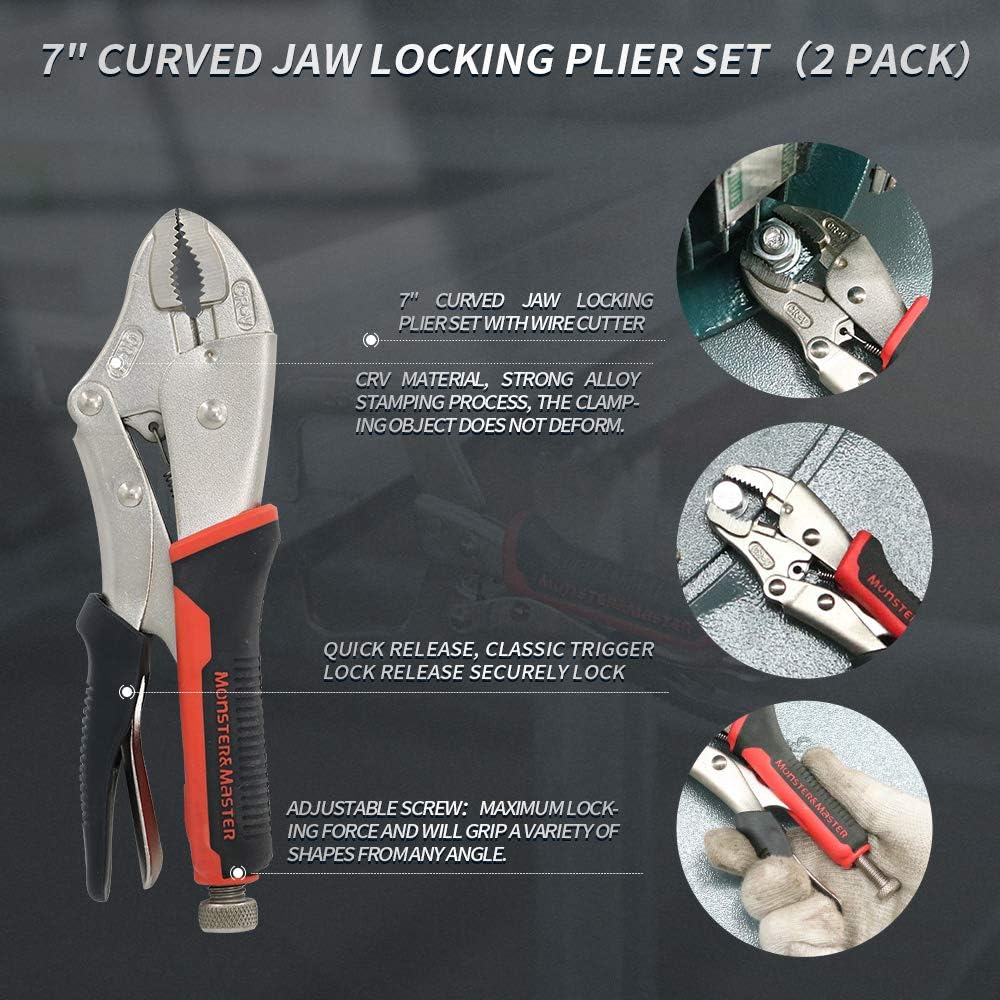 Monster & Master 7" Curved Jaw Locking Plier Set, Chrome-vanadium Steel, Fast Release for Home & Workshop Use, 2-Piece, MM-HIP-004x2 - - 
