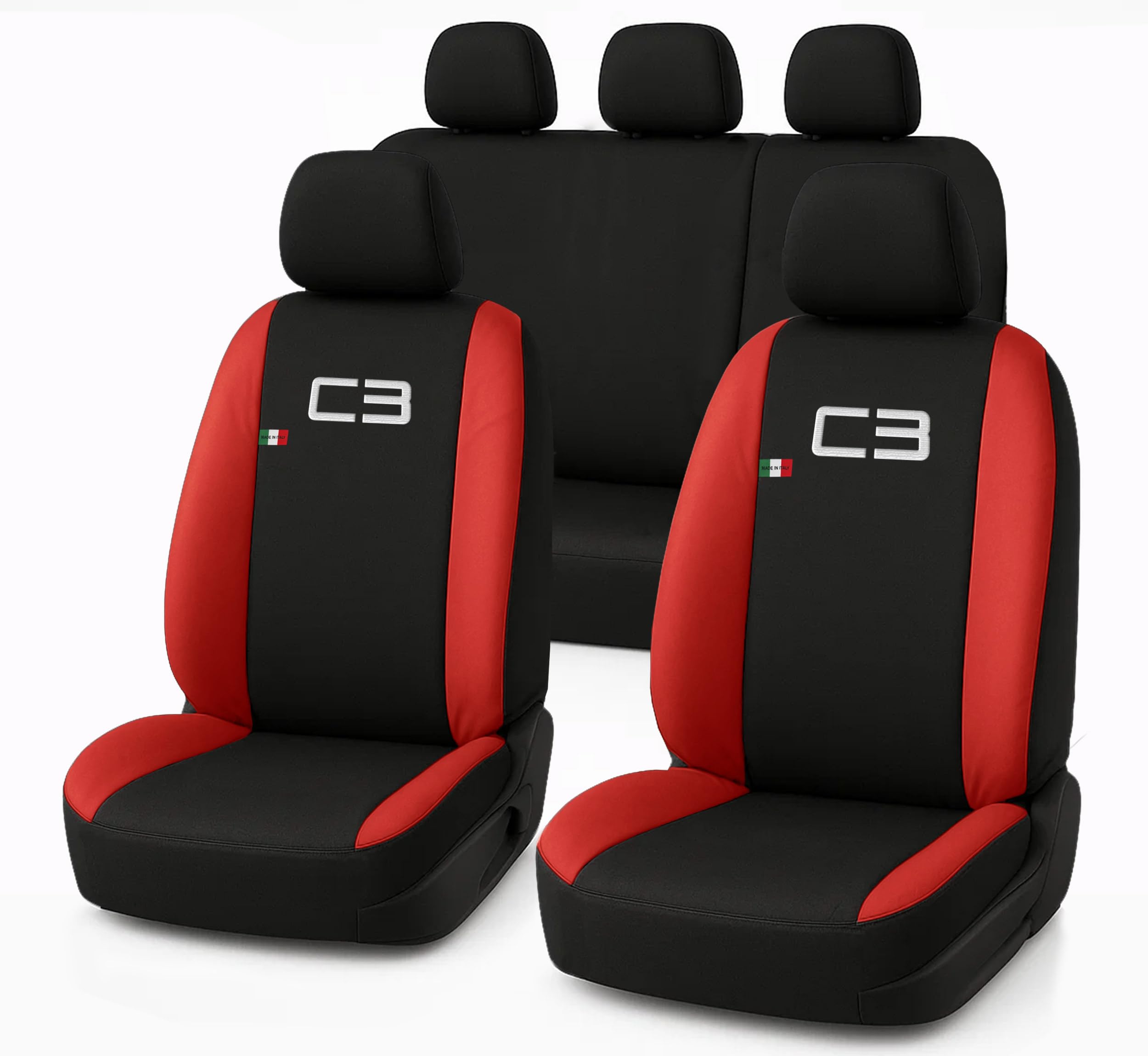 Auto Accessori Lupex | Set 12 pezzi Coprisedili Auto Compatibili con C3 Aircross dal 2017 al 2024, Nero Rosso, Made In Italy, Protezione Sedili Anteriori e Posteriori