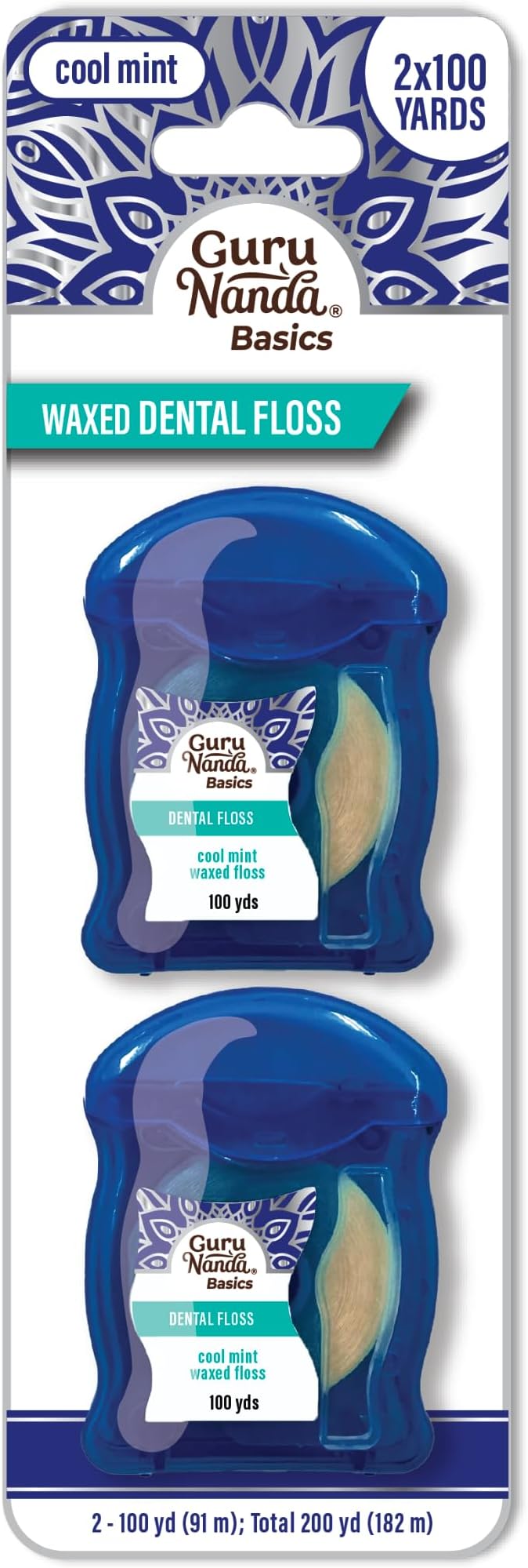GuruNanda Waxed Dental Floss Tape - Smooth Glide for Sensitive Gums and Teeth - Cool Mint Flavor - 2x100 Yards - Pack of 2