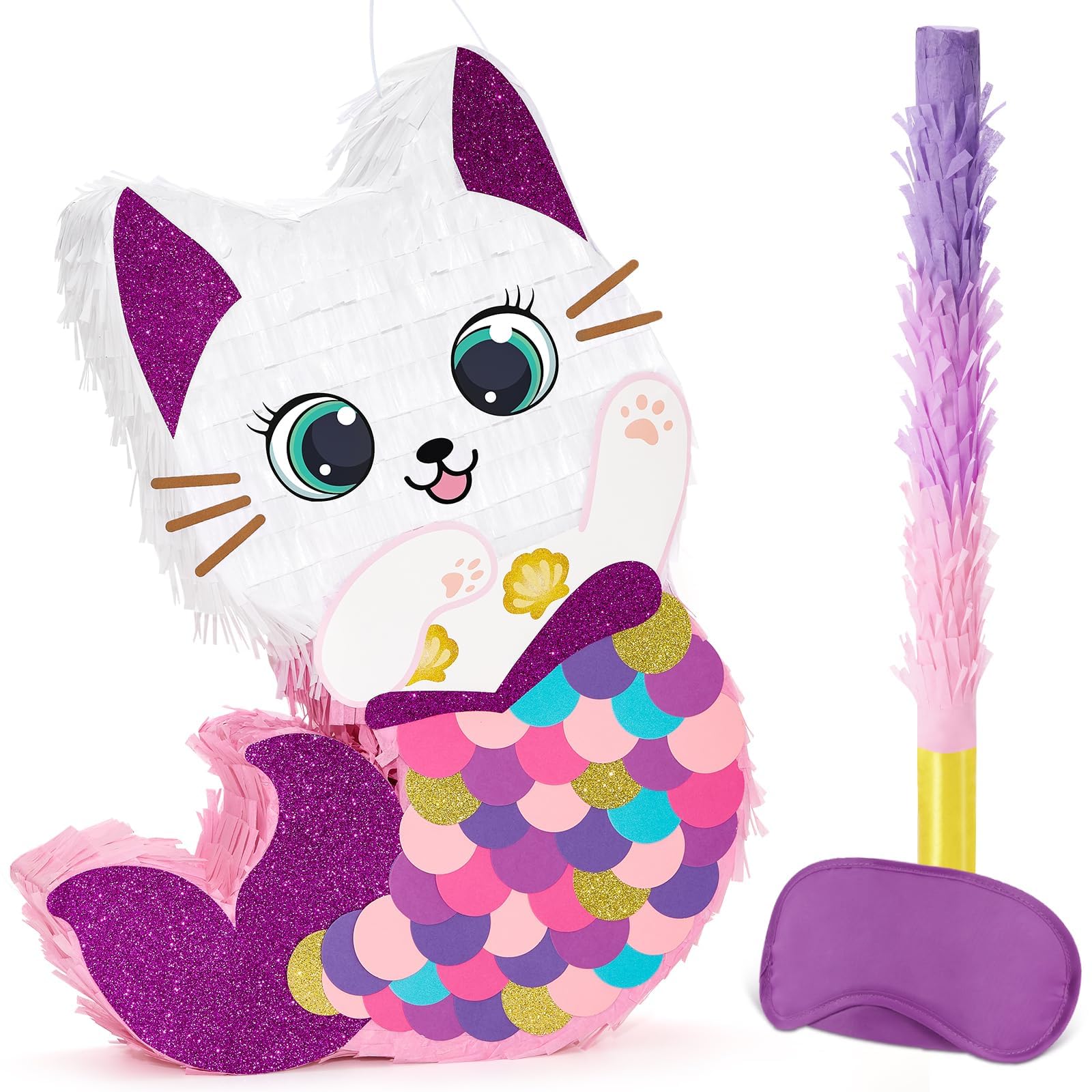WERNNSAI Piñata Mermaid Cat – Pinata Birthday Mermaid Girls Pinata Pink Mermaid with Stick and Mask Decoration Pool Party Decoration Summer Ocean — image 1