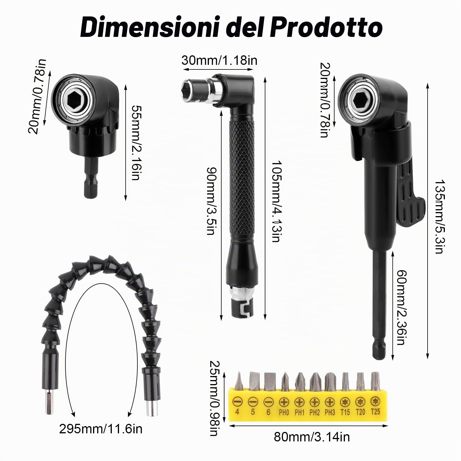 NVIYAM 14 Pezzi Trapano Mandrino Avvitatore Angolare Kit, 105 Gradi Prolunga Accessori Snodo Avvitatore, Prolunga Flessibile per Trapano Elettrico, Cacciavite a Angolo Retto