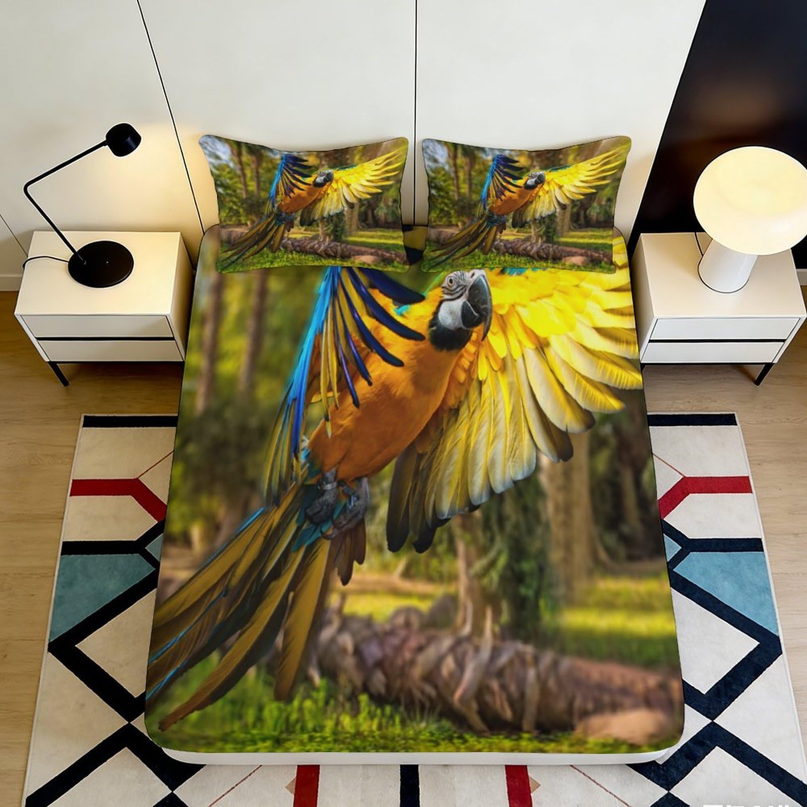 3D Printed Parrot Fitted Sheet Microfiber Deep Pocket Non-Slip Bedroom Bedding Tropical Parrot Mattress Fitted Cover Washable 160x200x25cm