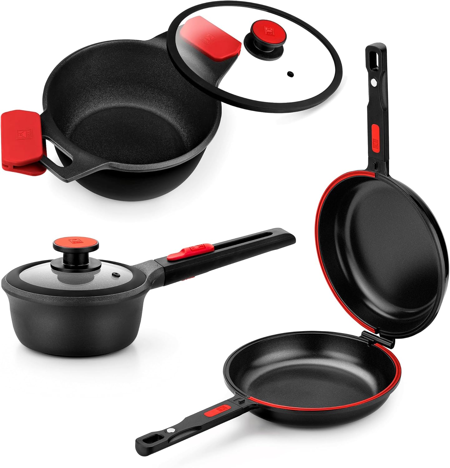BRA COOKWARE Premiere & Infinity 6-Piece Nonstick Cookware Set | Cast Aluminum Pots & Pans Set w/ 1 Dual Skillet, 1 Pot, 1 Saucepan, 2 Lids | 3-Layer NonStick | All Stovetops | PFOA Free