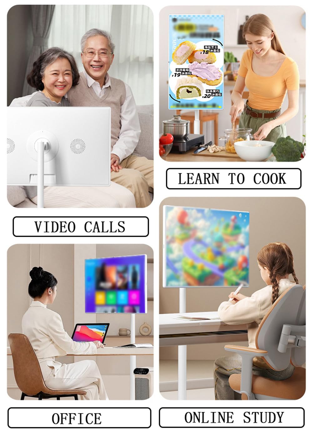 32" Téléviseur Portable, 4K Télé Portable avec Batterie sur Pied à roulettes, Inclinaison/Pivotage Television Connectée pour éTudes, RéUnions, Films, Jeux, Chant,8+128G