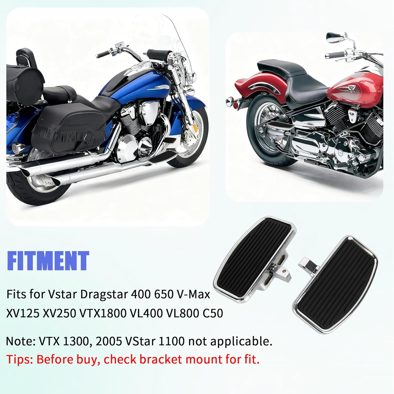 PSLER 2PCS Motorcycle Floorboards Adjustable Rear Passenger Foot Pegs, Compatible with Vstar Dragstar 400 650 V-Max XV125 XV250 VTX1800 VL400 VL800 C50, Chrome, Stripe Pattern