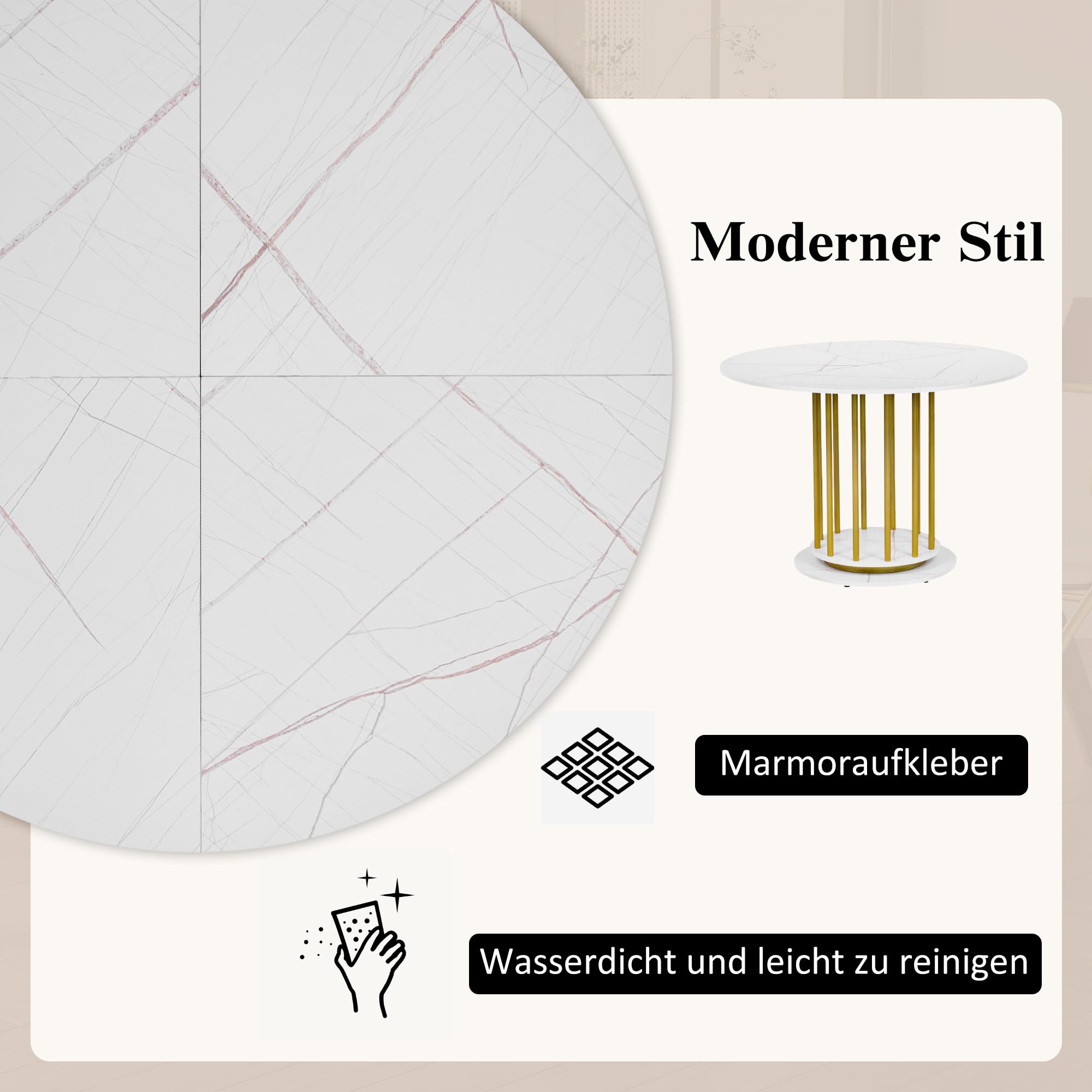 Nowoczesny okrągły marmurowy stół jadalny z metalową ramą, oszczędzający miejsce design dla 2-4 osób, idealny do kuchni lub salonu stylowe białe wykończenie
