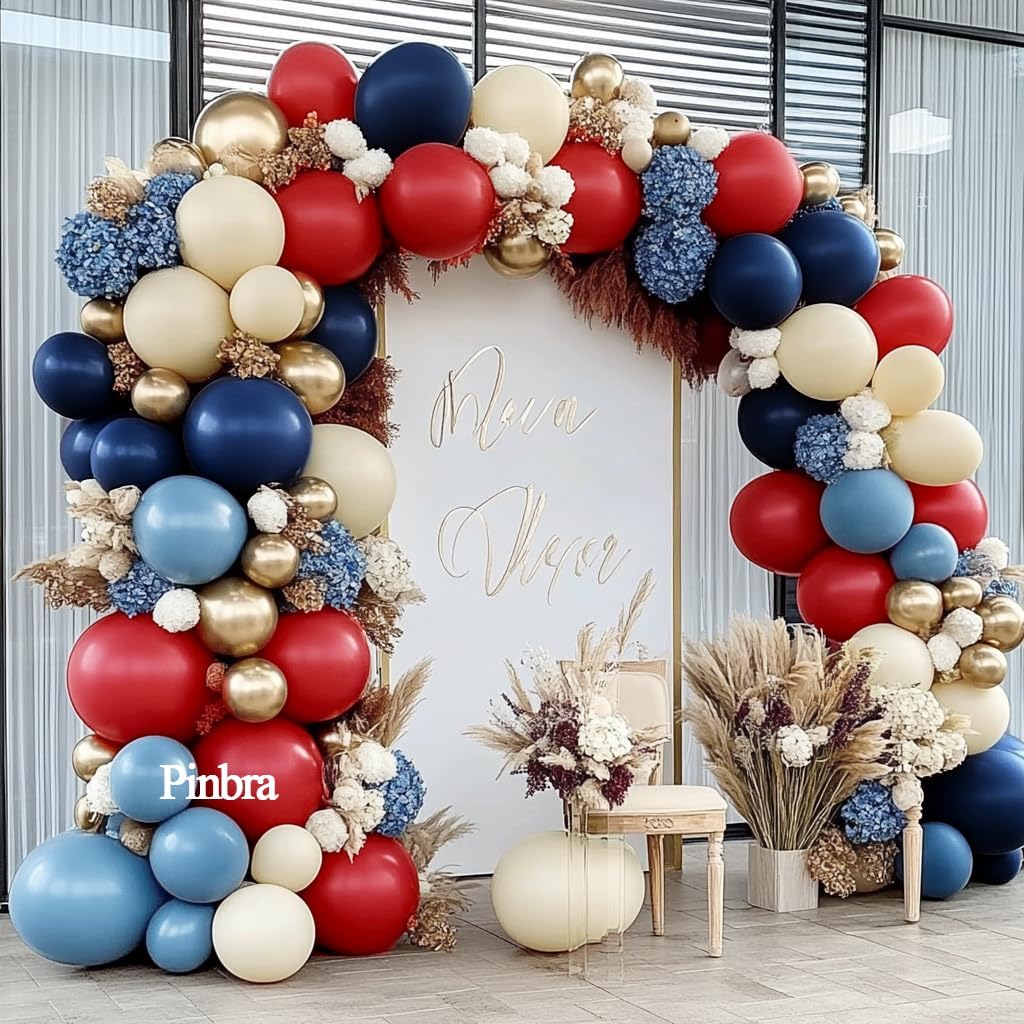 Blue Red Gold Balloon Garland Double Stuffed Dark Blue Dusty Blue White Sand Balloons Balloon Arch Kit For Birthday Gender Reveal Graduation Baby Shower Party Decor