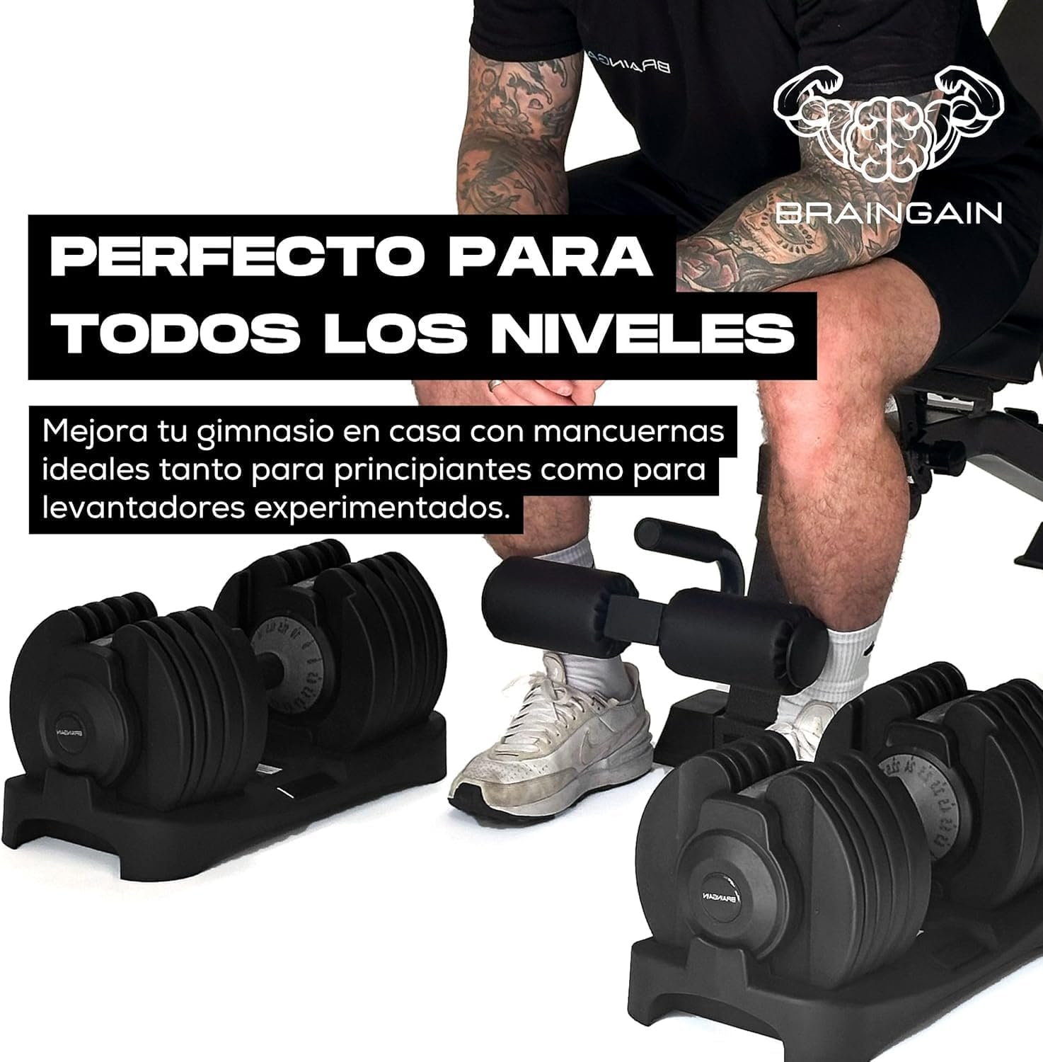 BRAINGAIN Juego de mancuernas ajustables 18 en 1 de 25 kg y 36 kg | Mancuerna que ahorra espacio para entrenamientos de gimnasio en casa | 18 mancuernas en una | Tecnología Smart Click | Mejor en su